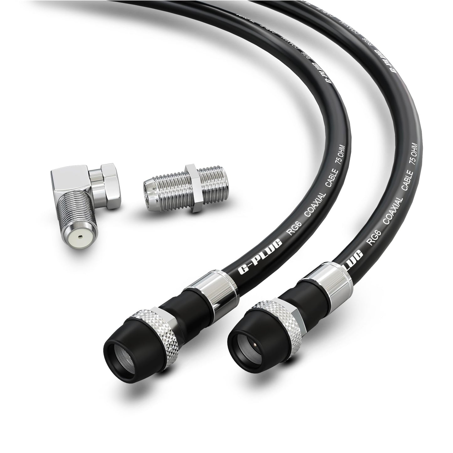 G-PLUG Cable Coaxial RG6 75 Ohm, Triple Blindaje, Impermeable, Conectores F Tipo Macho a Macho, Cable Antena TV, Satelital e Internet Banda Ancha, Incluye Acoplador F81, Negro