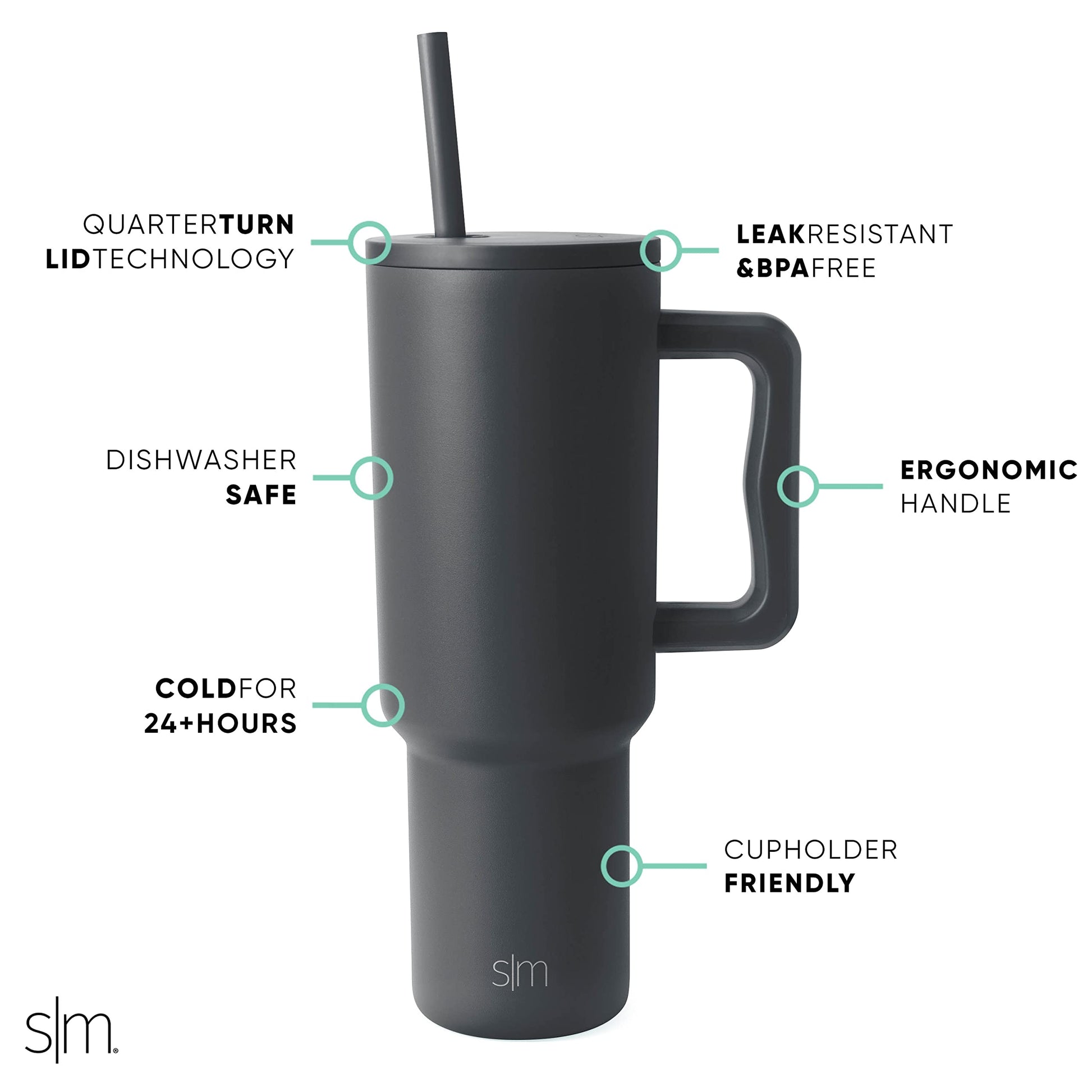 Vaso Térmico Simple Modern Graphite 40 oz con Asa y Pajita
