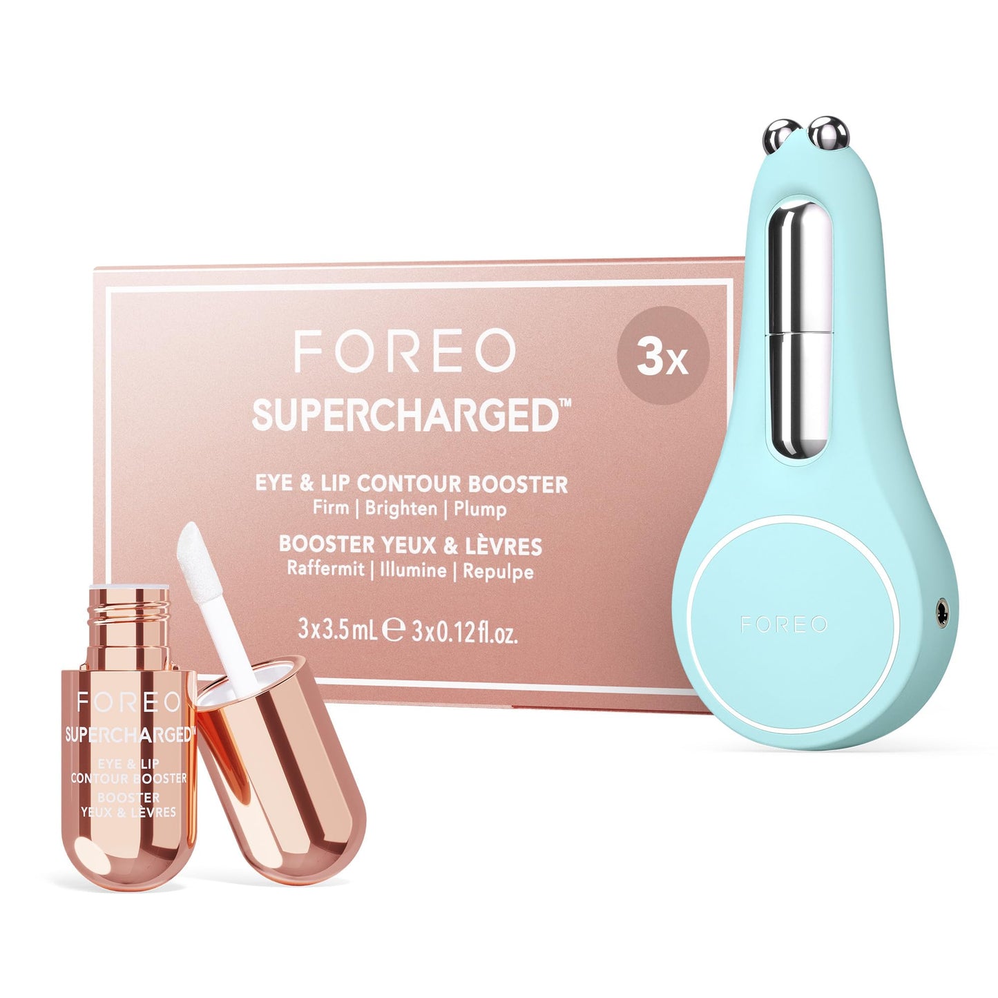 FOREO Set A Wink 'n' a Smile - BEAR 2 Eyes & Lips masajeador facial con radiofrecuencia - microcorrientes facial + 3x3,5 ml Sérum SUPERCHARGED Eye & Lip Contour Booster - Contorno de ojos - Artic Blue