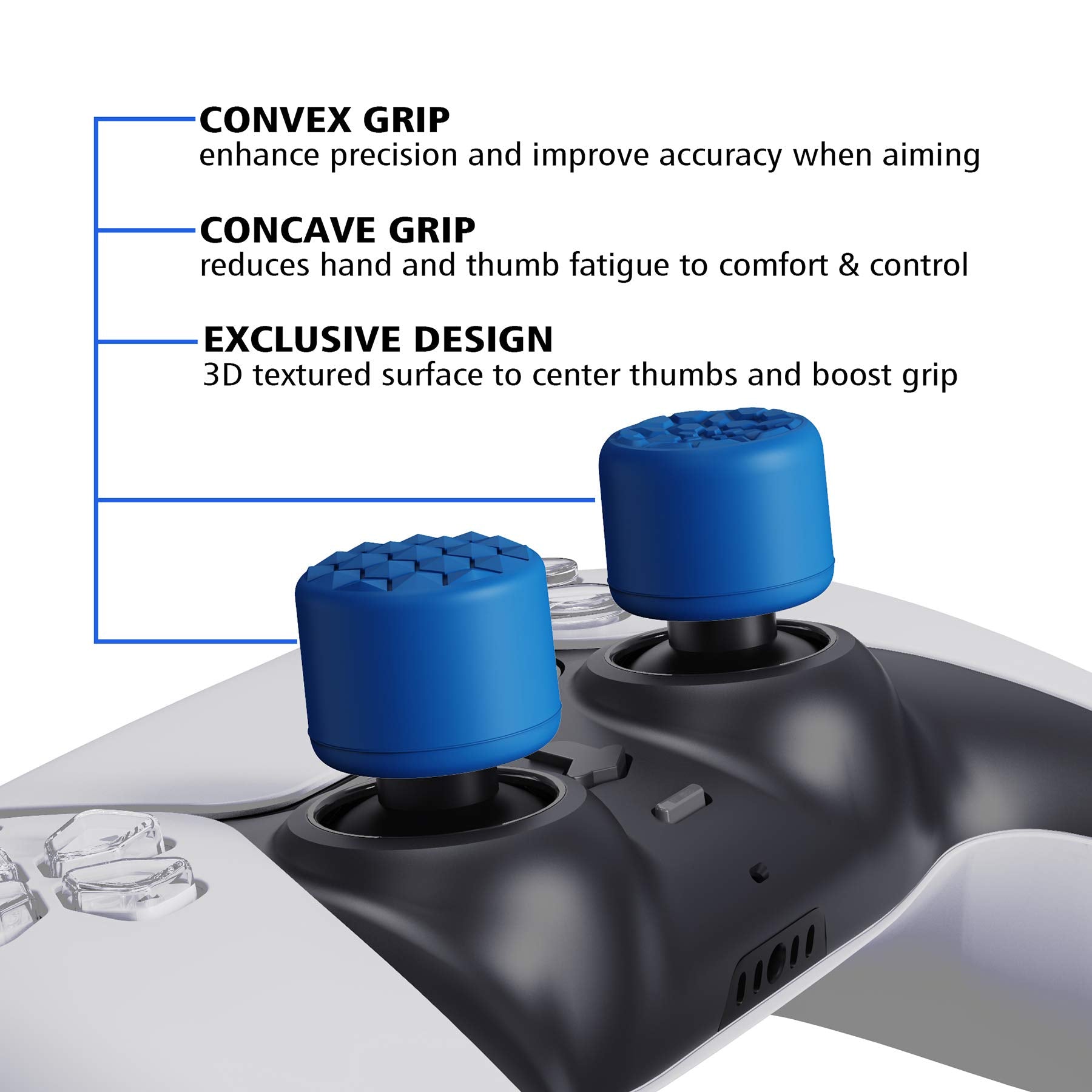 Agarres de Pulgar PlayVital Azul Grano de Diamante y Grieta para PS5, PS4, Xbox Series X/S, Xbox One, Switch Pro con 3 Alturas Convexas y Cóncavas