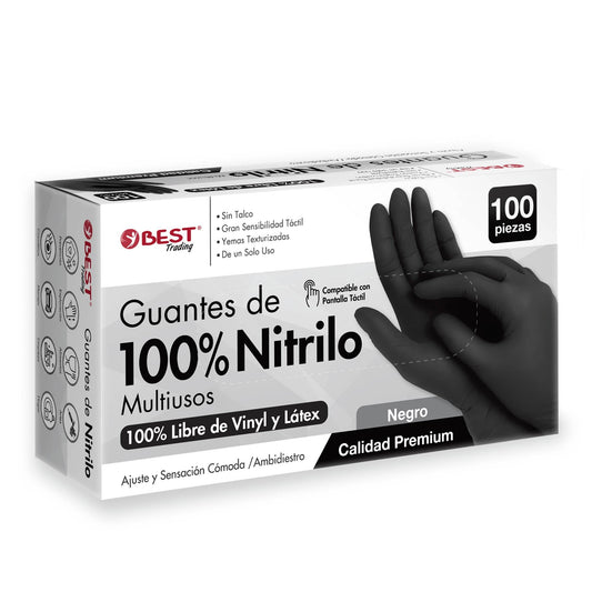 Best Trading 100 Guantes de Nitrilo Color Negro: Libres de Látex, Ajuste Perfecto sin Polvo, Guantes Premium con Tecnología Touchscreen. Seguridad y Funcionalidad en tus Manos (Grande)