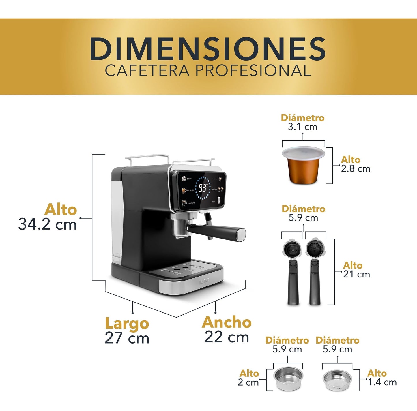 Cafetera RCA Acero Inoxidable 2 en 1 con Pantalla Inteligente y Espumador