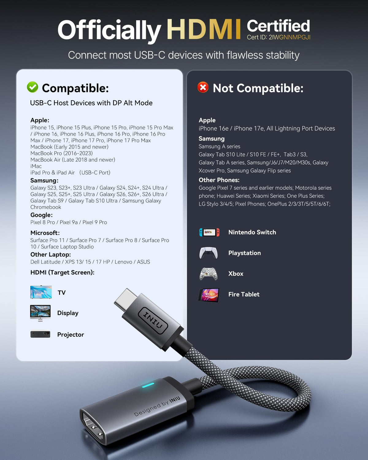 Adaptador USB C a HDMI INIU Plata 4K@60Hz para MacBook, iMac, iPad Pro, iPhone, Samsung Galaxy, Steam Deck, Monitor de Juegos, Proyector, Portátil