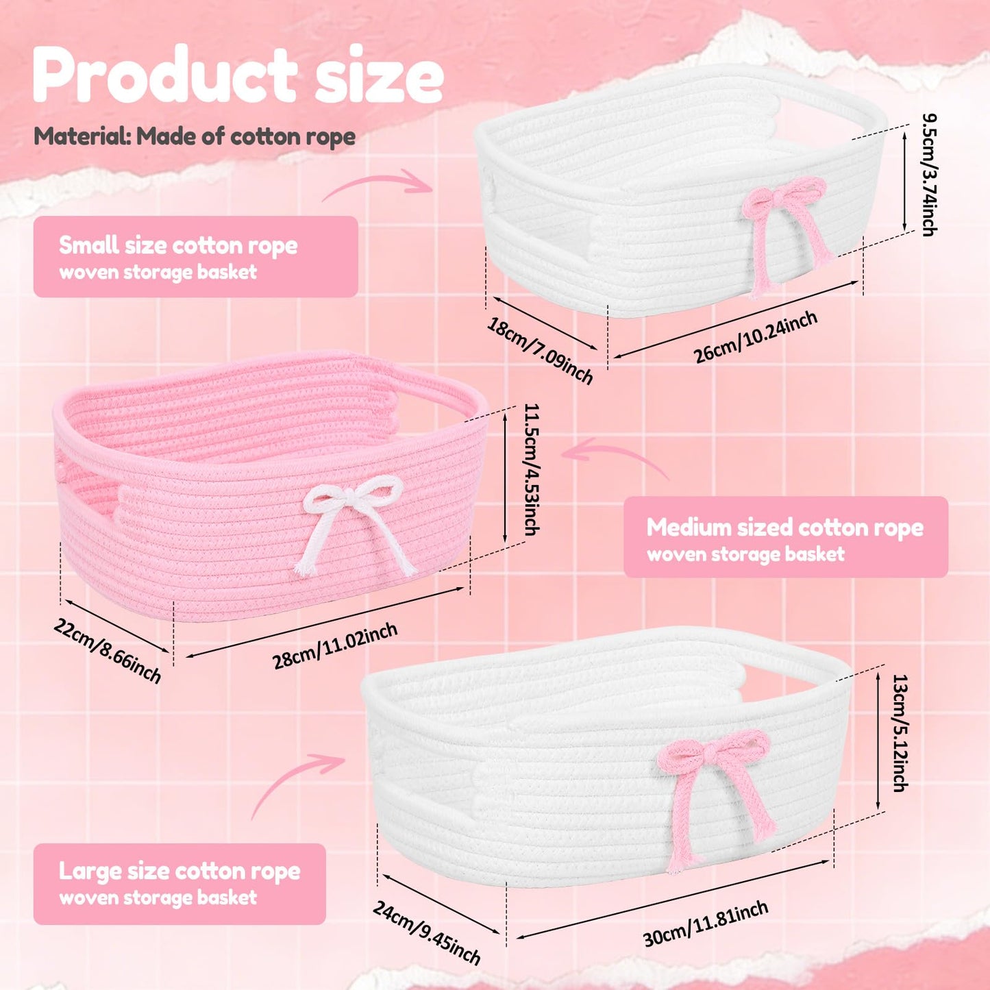 XYTZHSAI 3 cestas de lazo rosado, cestas de almacenamiento de cuerda de algodón tela coqueta con asas, bonita cinta decorativa para ropa de bebé, estante, maquillaje, pañales, organizador de anidación