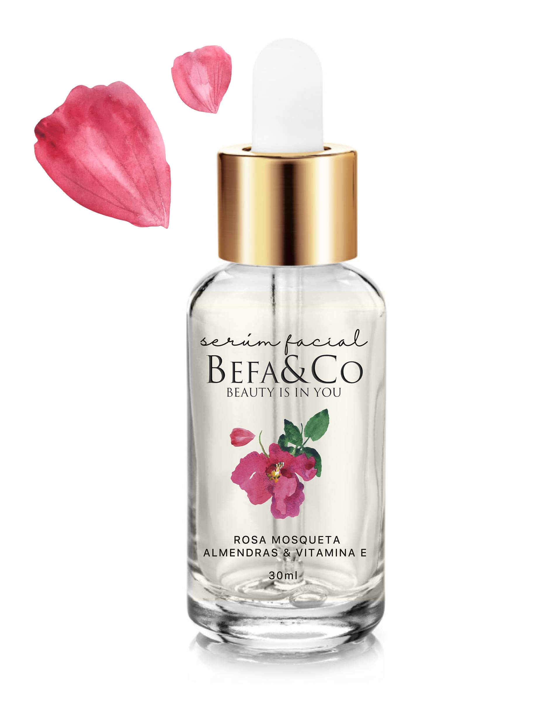 Suero facial + rosa mosqueta + vitamina e + almendras + ingredientes naturales + hidratante + rápida absorción + paraben free + primer + suaviza tu piel + textura terciopelo