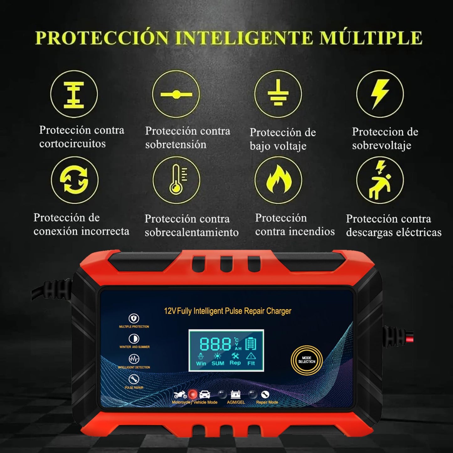 Cargador de Batería Inteligente Automático Qzgyoool 12V 6A con Múltiples Protecciones para Automóviles, Motocicletas, ATVs y Barcos