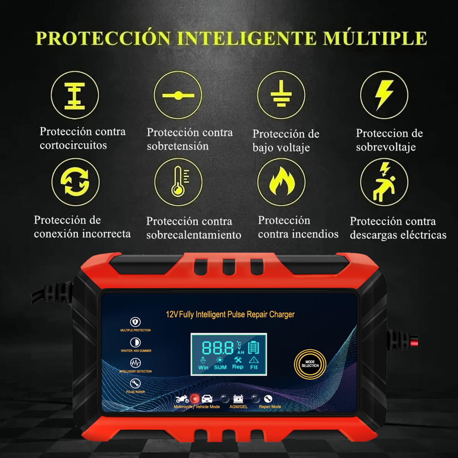 Cargador de Batería Inteligente Automático Qzgyoool 12V 6A con Múltiples Protecciones para Automóviles, Motocicletas, ATVs y Barcos