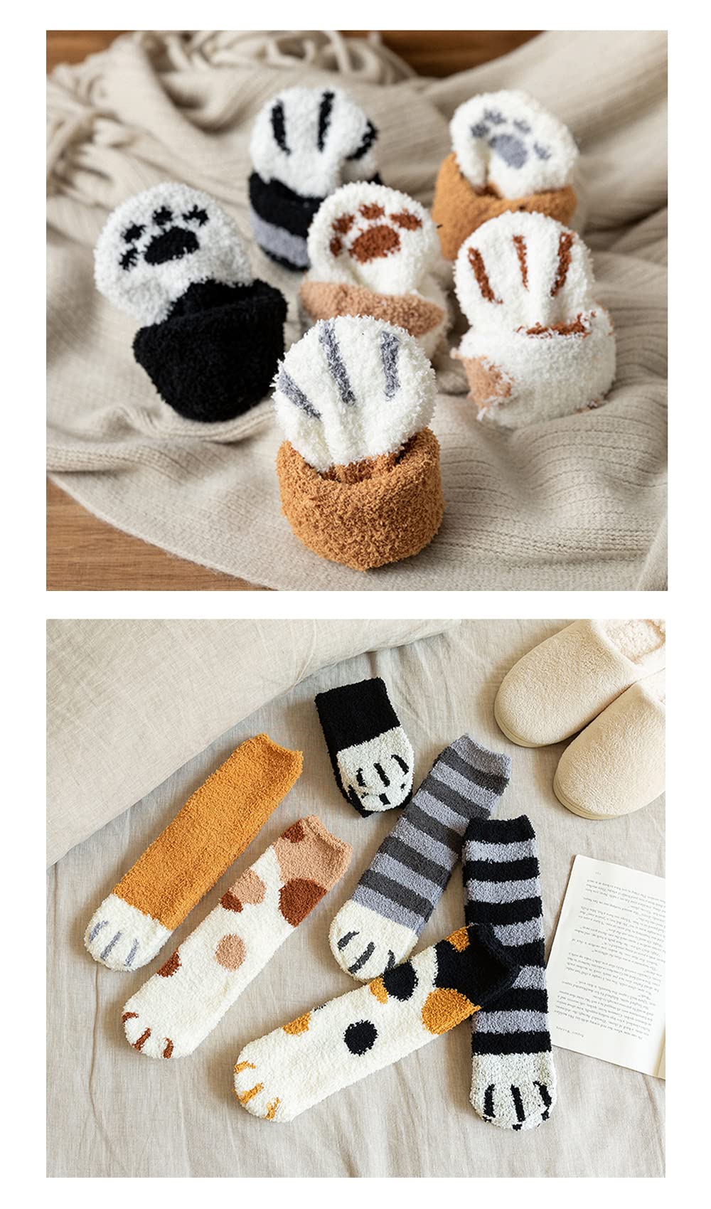 CutiePlusU - Calcetines de forro polar de coral para mujer, mullidos y acogedores calcetines de felpa para invierno, paquete de 2, Sólido + rayas, Large