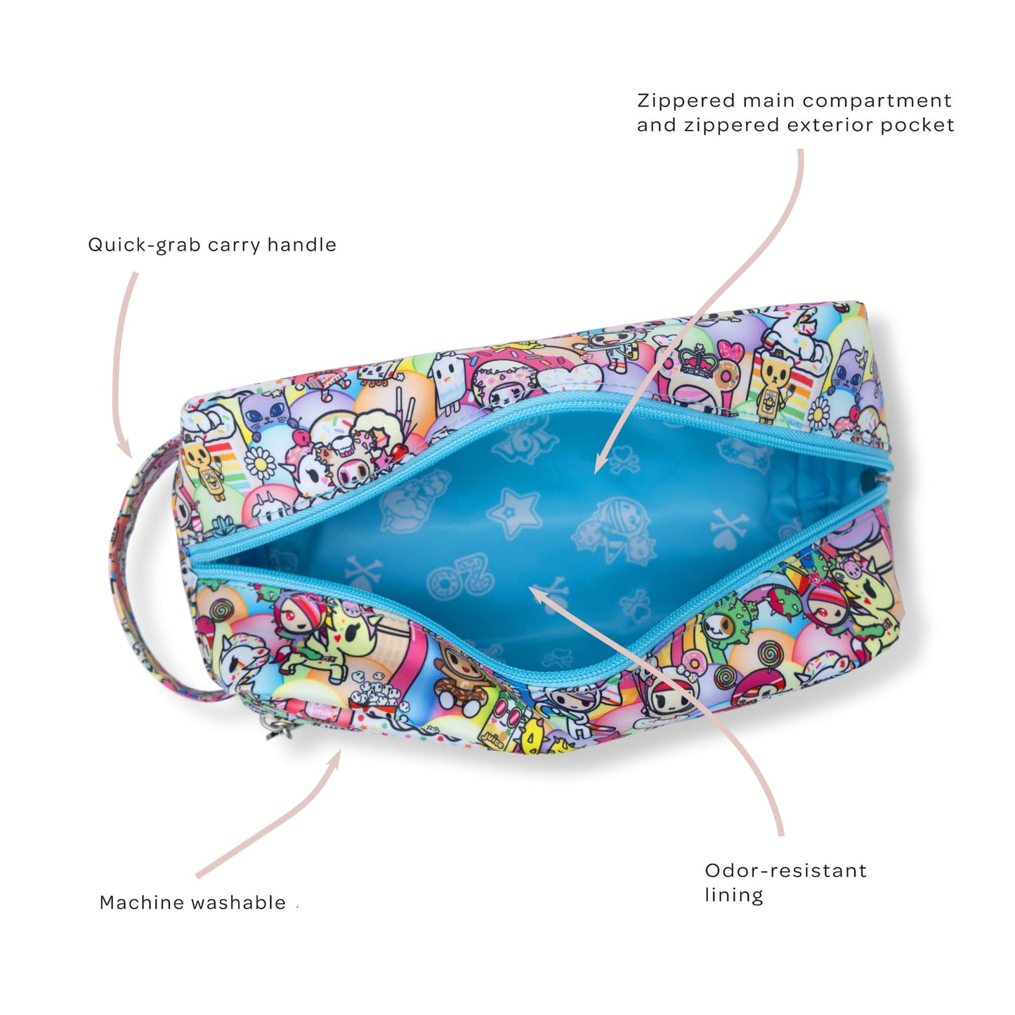 JuJuBe x tokidoki - Neceser de aseo para celebrar el 20 aniversario, bonita bolsa con cierre para mujeres y niñas, organización ideal para viajes, equipaje, escuela, trabajo, lavable a máquina