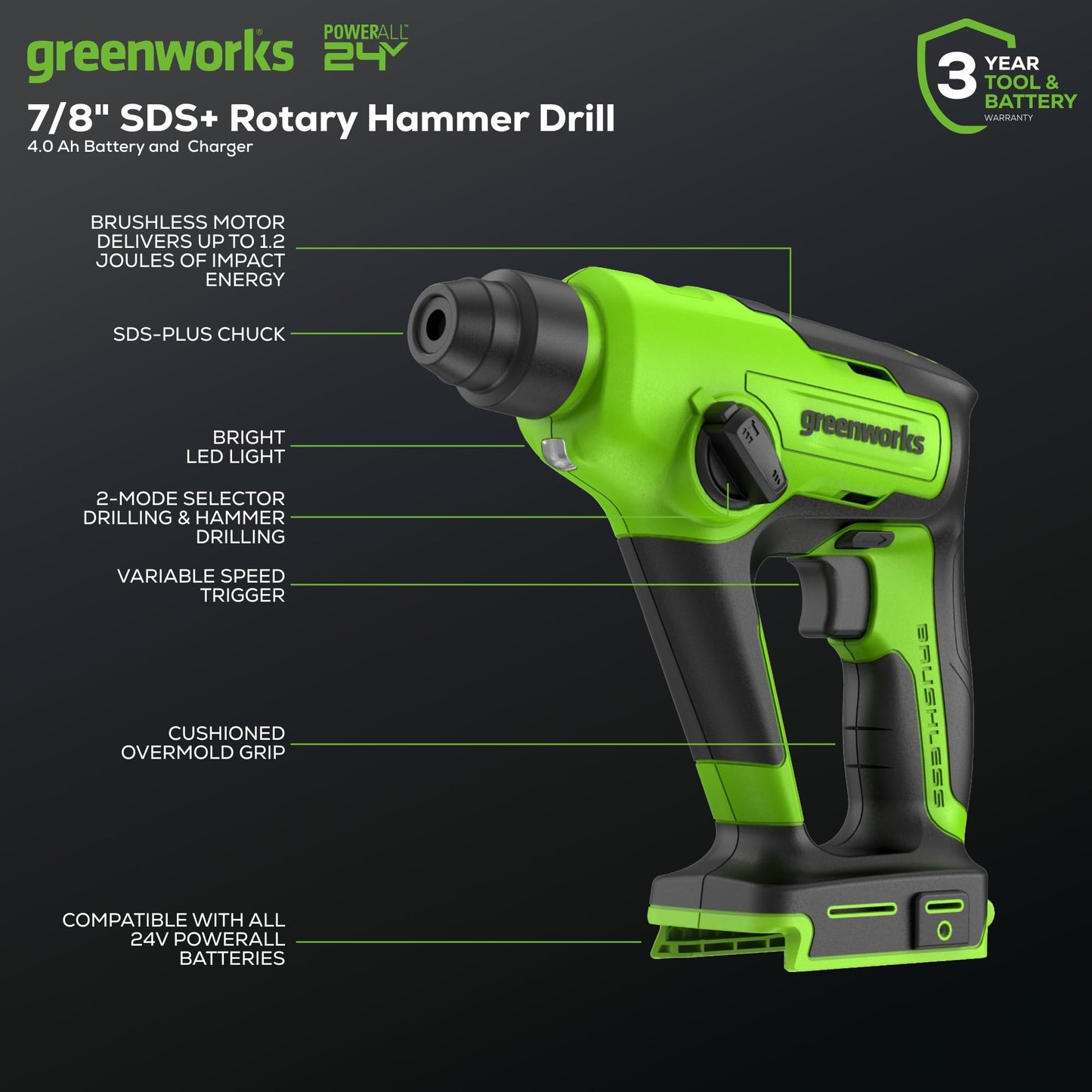Greenworks Taladro giratorio inalámbrico SDS 1.2J de 24 V, taladro de martillo sin escobillas de 1 pulgada para hormigón, 2 modos y velocidad vairable, batería de 4 Ah y cargador incluido