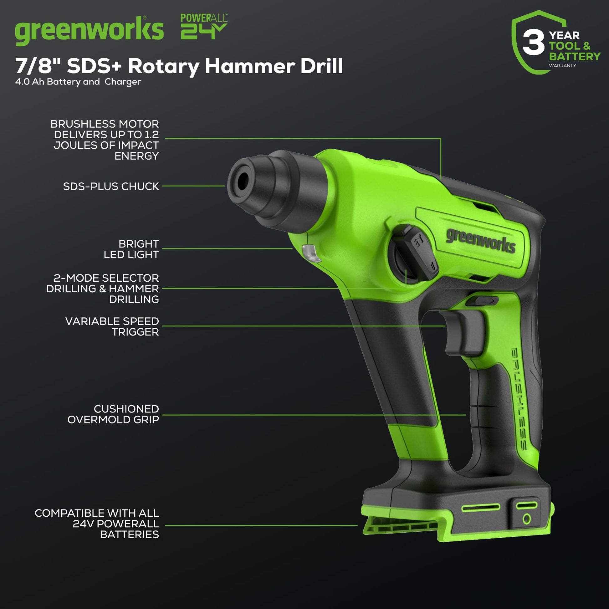 Greenworks Taladro giratorio inalámbrico SDS 1.2J de 24 V, taladro de martillo sin escobillas de 1 pulgada para hormigón, 2 modos y velocidad vairable, batería de 4 Ah y cargador incluido