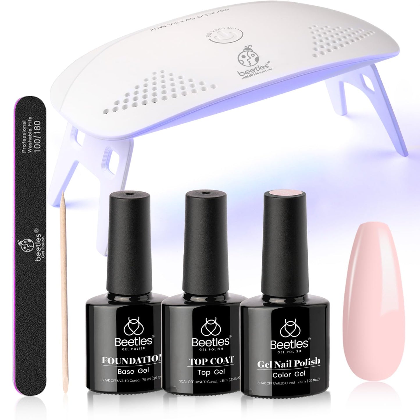 Kit de esmalte de uñas en gel Beetles Nude Pink con lámpara de uñas con luz LED UV, kit de inicio de 6 piezas, capa superior de gel base, juego de esmalte de gel Soak Off Nude Pink con lima de uñas para manicura DIY, uñas neutras, regalo para mujeres