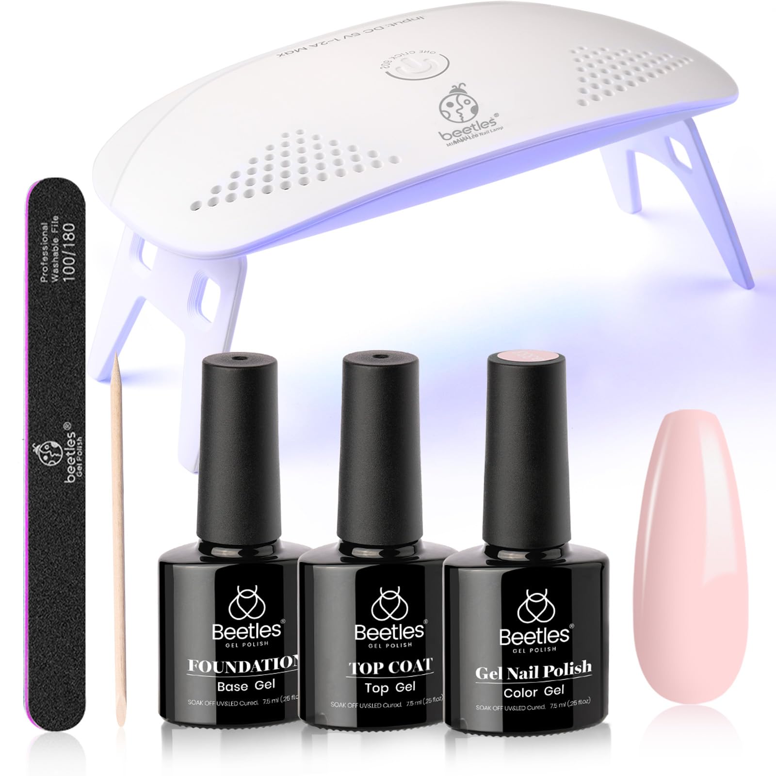 Kit de esmalte de uñas en gel Beetles Nude Pink con lámpara de uñas con luz LED UV, kit de inicio de 6 piezas, capa superior de gel base, juego de esmalte de gel Soak Off Nude Pink con lima de uñas para manicura DIY, uñas neutras, regalo para mujeres