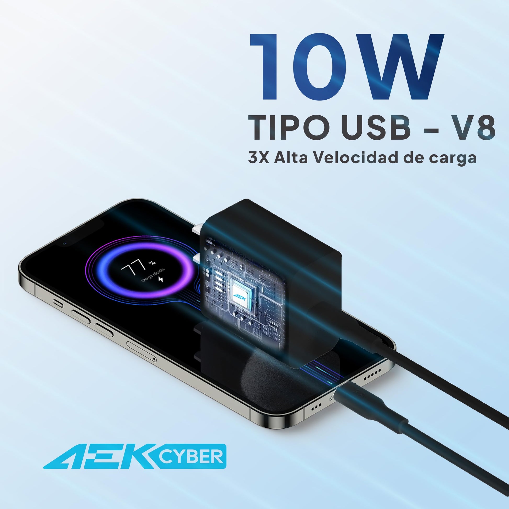 AEK CYBER G01V8N Cargador Tipo USB a V8 con Cable 1m, 10W 5 en 1 Cargador Carga Rapida Y eficiente, Cargador USB con Cable de 2.1A, Salida 5V / 2A 60Hz (Negro)