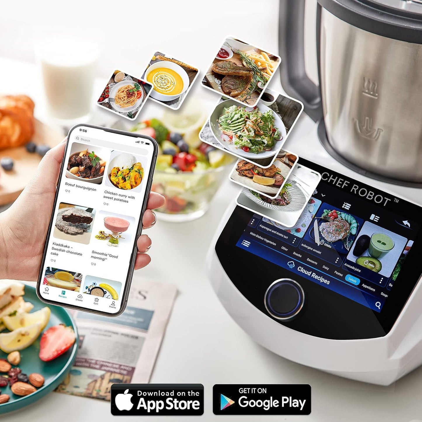 ChefRobot Smart Procesador de alimentos UltraCook Máquina de cocción automática todo en uno, capacidad de 3.5L, más de 600 recetas en línea, escala integrada, visualización TFT de 7 pulgadas,