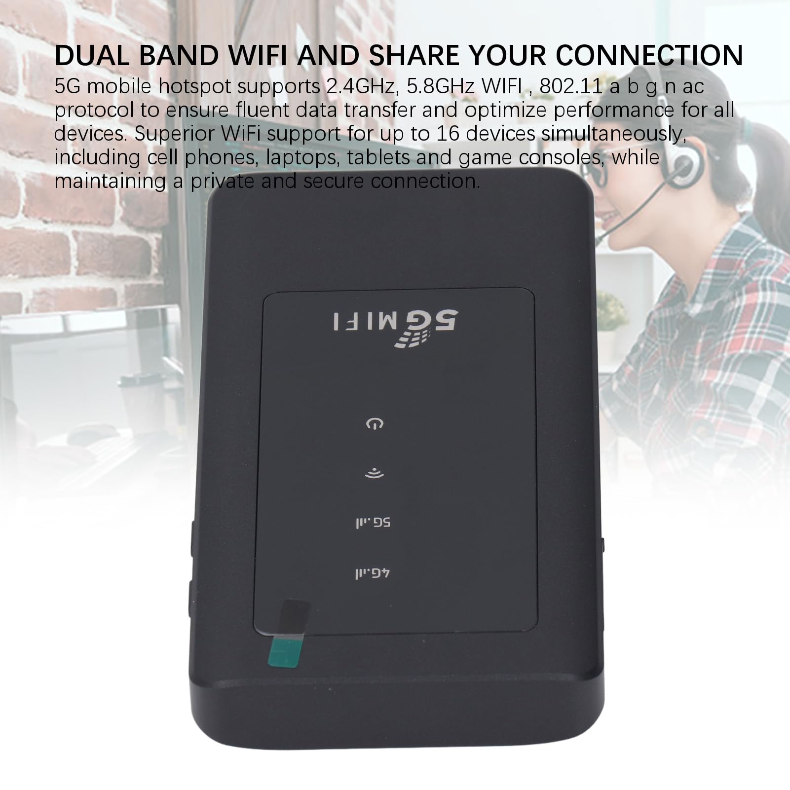 Punto de Acceso Móvil WiFi 5G de Cobertura Internacional Negro 1,25 Gbps con Ranura para Tarjeta SIM para 16 Dispositivos