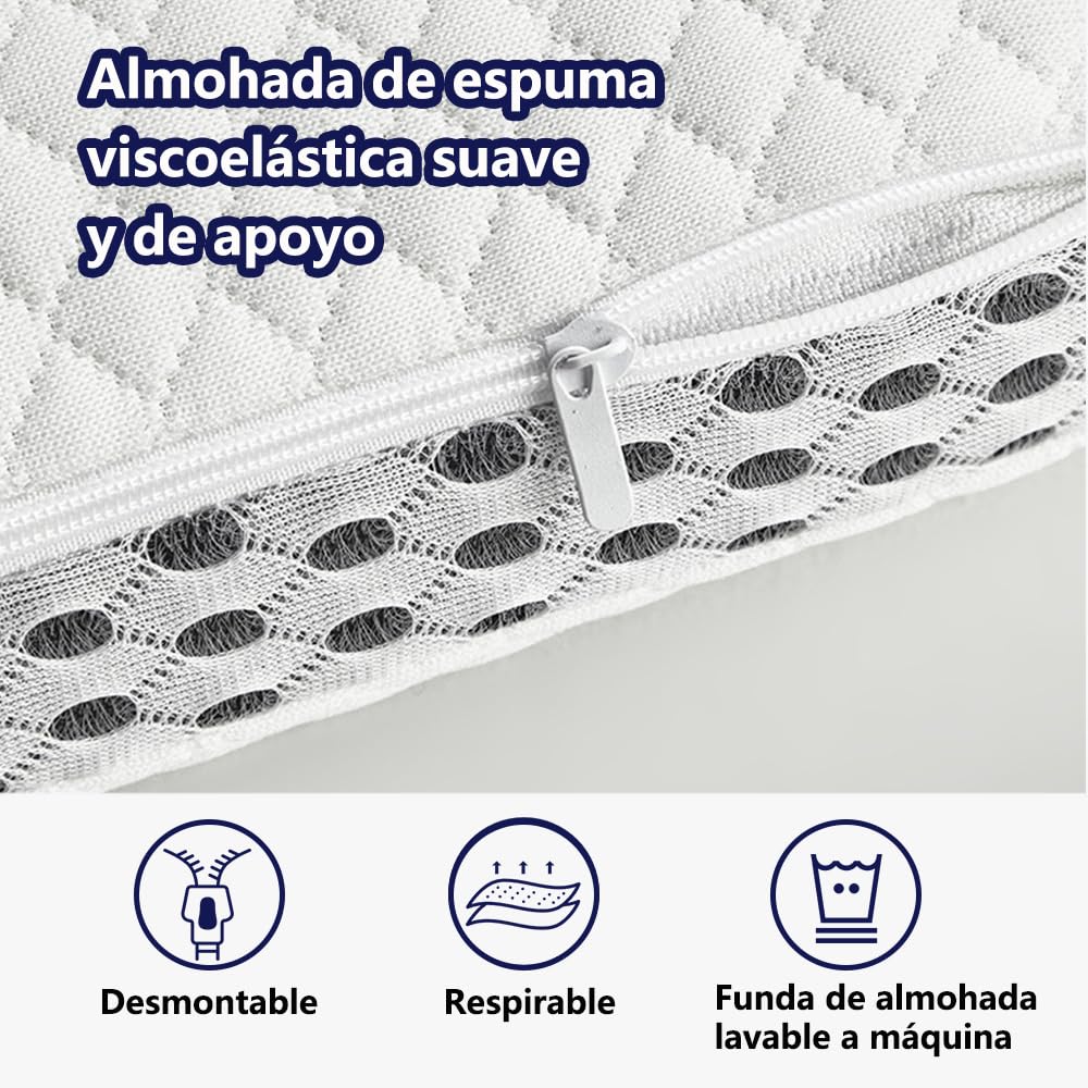 Almohadas Memory Foam con Memoria Ergonómica - 2 Piezas Antiácaros E Hipoalergénico, Microfibras, Memory Foam Pillow Individuales, Almohada Cervical para Dormir de Rebote Lento, Blanco (60x40x12)