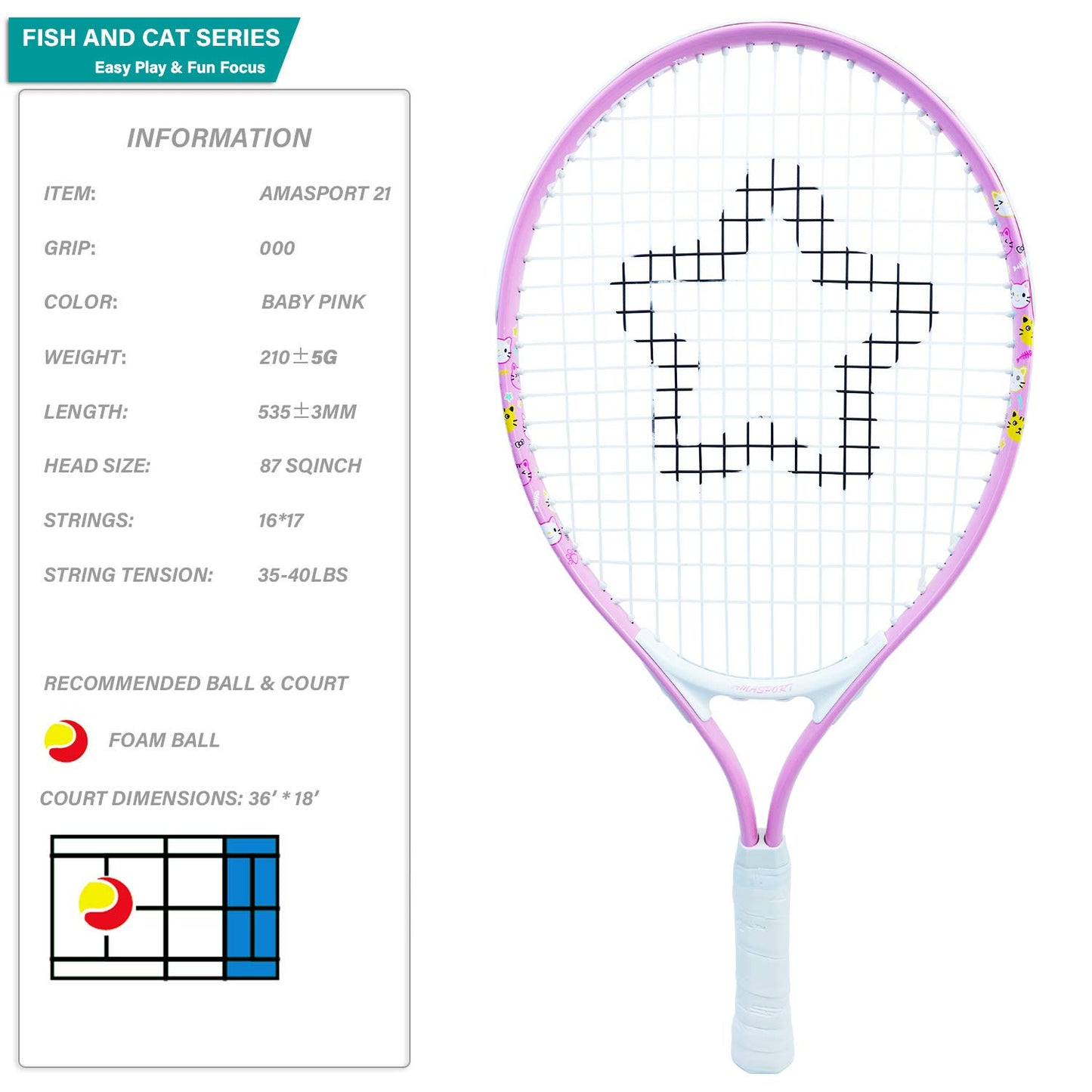 AMA SPORT - Raqueta de tenis para niños pequeños, kit de iniciación de 21 pulgadas, color rosa para niña con bolsa de hombro (rosa bebé, 21)