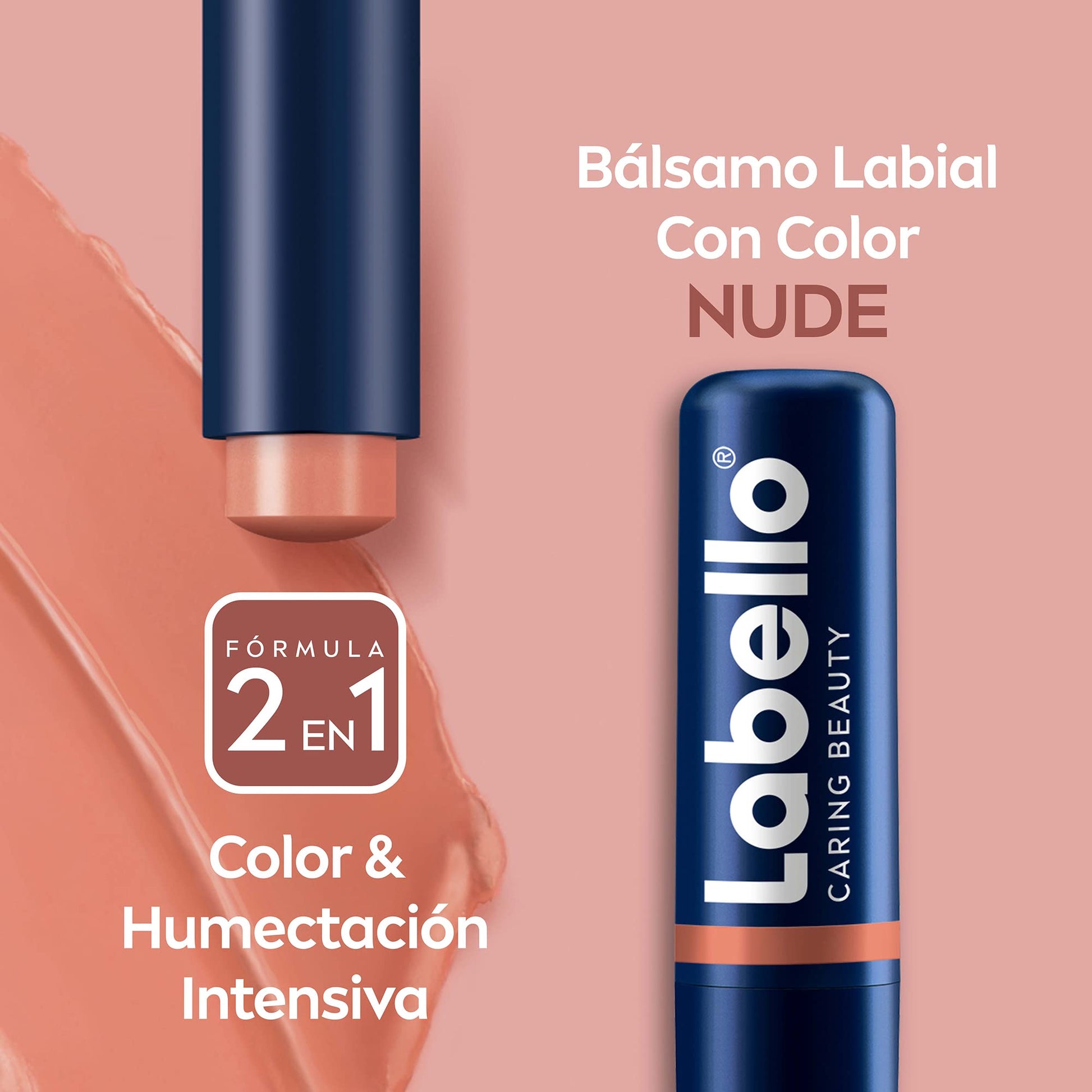 Labello Bálsamo Labial Caring Beauty Nude (4.8 g), Color Intenso y Cuidado Duradero con Vitamina E y Aceite de Almendras Orgánico + Bálsamo Labial Humectante Fps 15 Med Repair, color Med, 4.8 gram