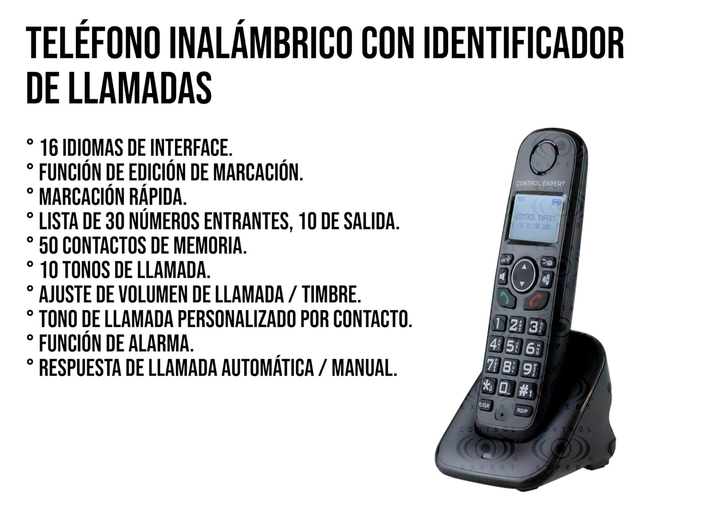 CONTROL EXPERT Teléfono Inalámbrico con Pantalla LCD – Identificador de Llamadas, 16 Idiomas, Marcación Rápida, 50 Contactos, 30 Números Entrantes, 10 Salientes, 10 Tonos y Alarma