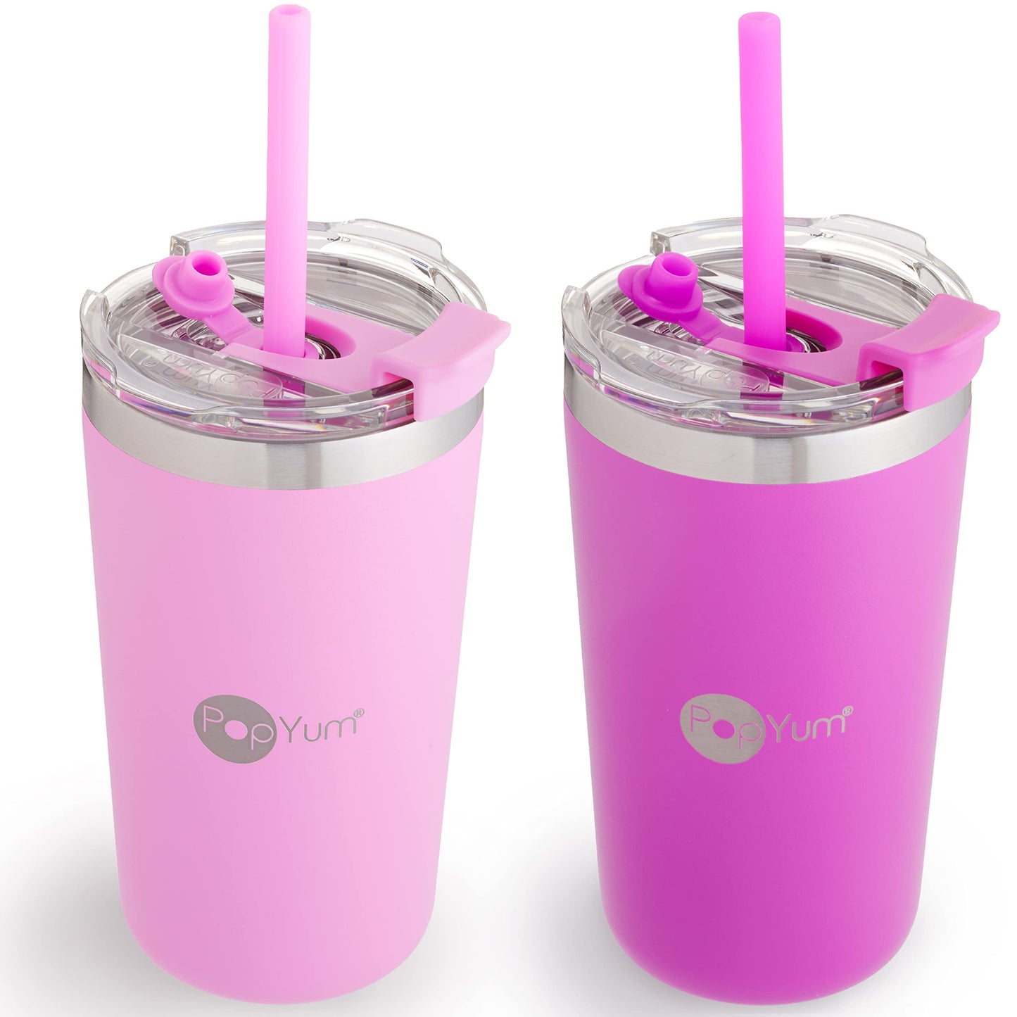 PopYum - Tazas para niños de acero inoxidable aisladas con tapa y popote, 2 paquetes, morado, rosa, apilables, con pico, para bebé, niño, niño pequeño, vaso, de doble pared, al vacío, a prueba de