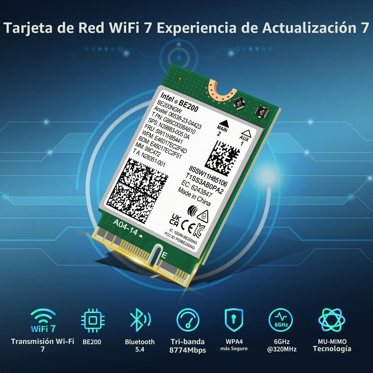 Tarjeta Inalámbrica WiFi 7 GigaPlus Intel BE200 NGW Bluetooth 5.4 5800Mbps M.2/NGFF para Intel 12ª Generación y Superior CPU Windows 10/11 Linux
