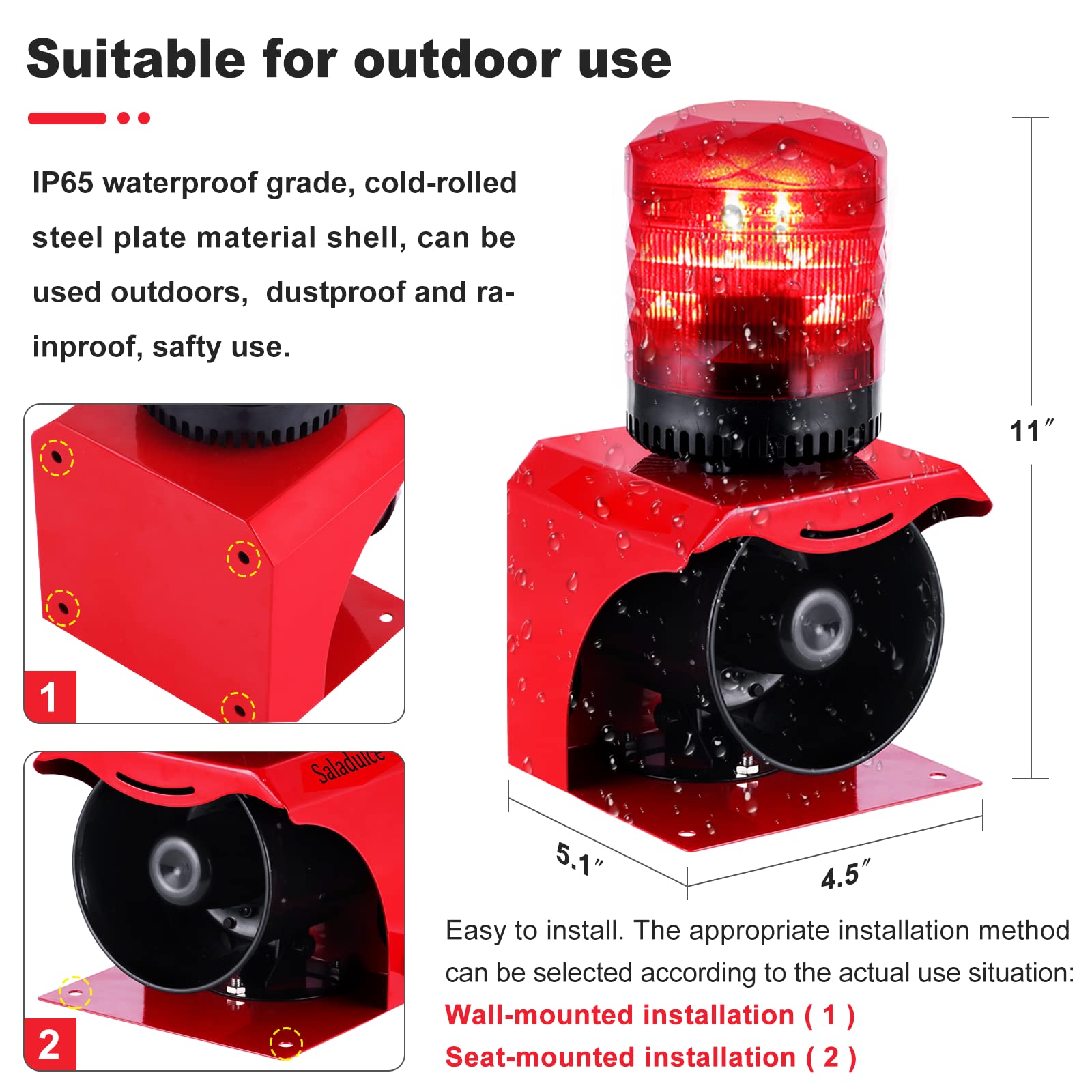 Alarma de Sirena Industrial Saladulce Roja 120 dB con Luz Estroboscópica para Exteriores IP65