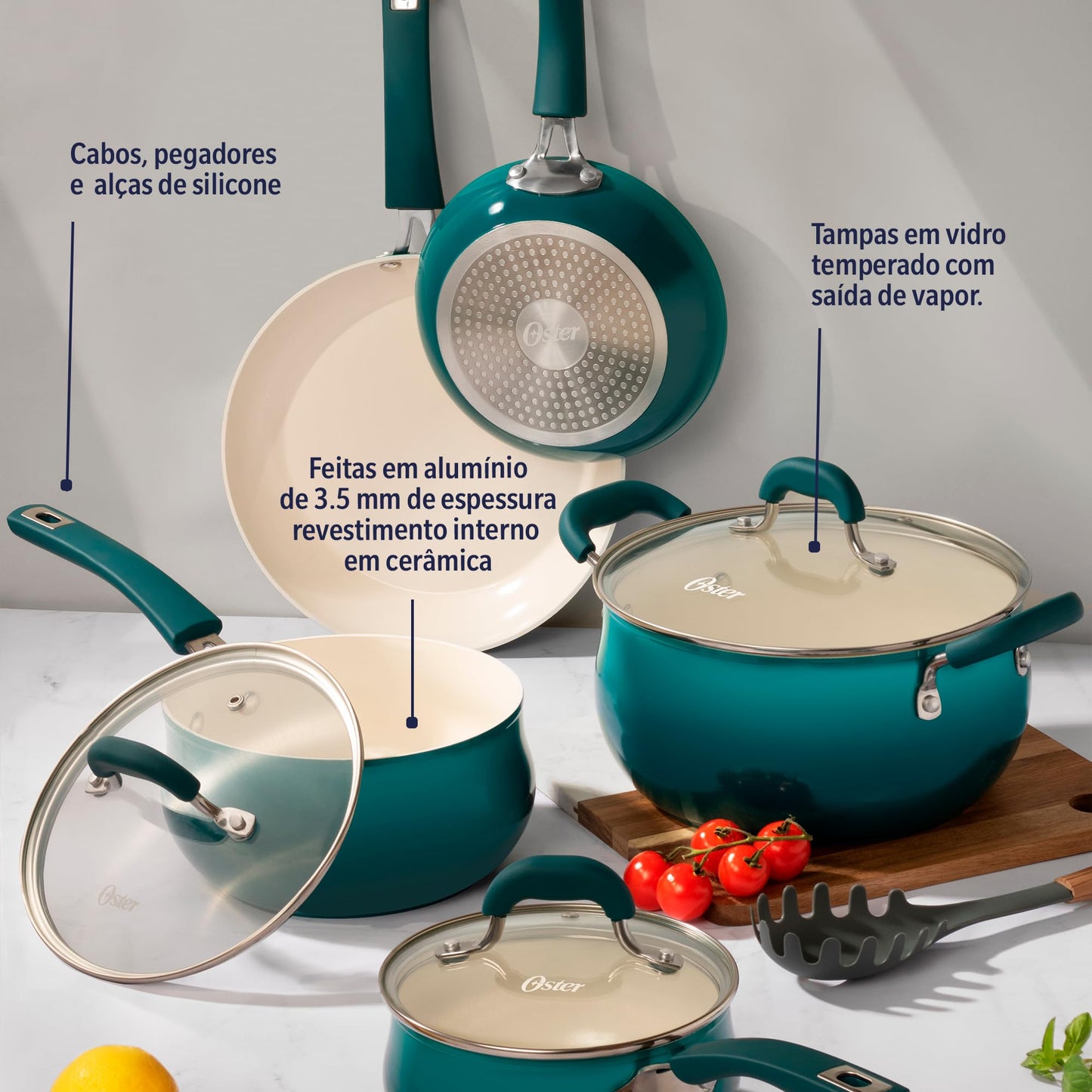 Oster Corbett - Juego de 8 piezas de utensilios de cocina de aluminio forjado degradado verde azulado con cerámica antiadherente, base de inducción, mango de baquelita suave al tacto y tapas de vidrio