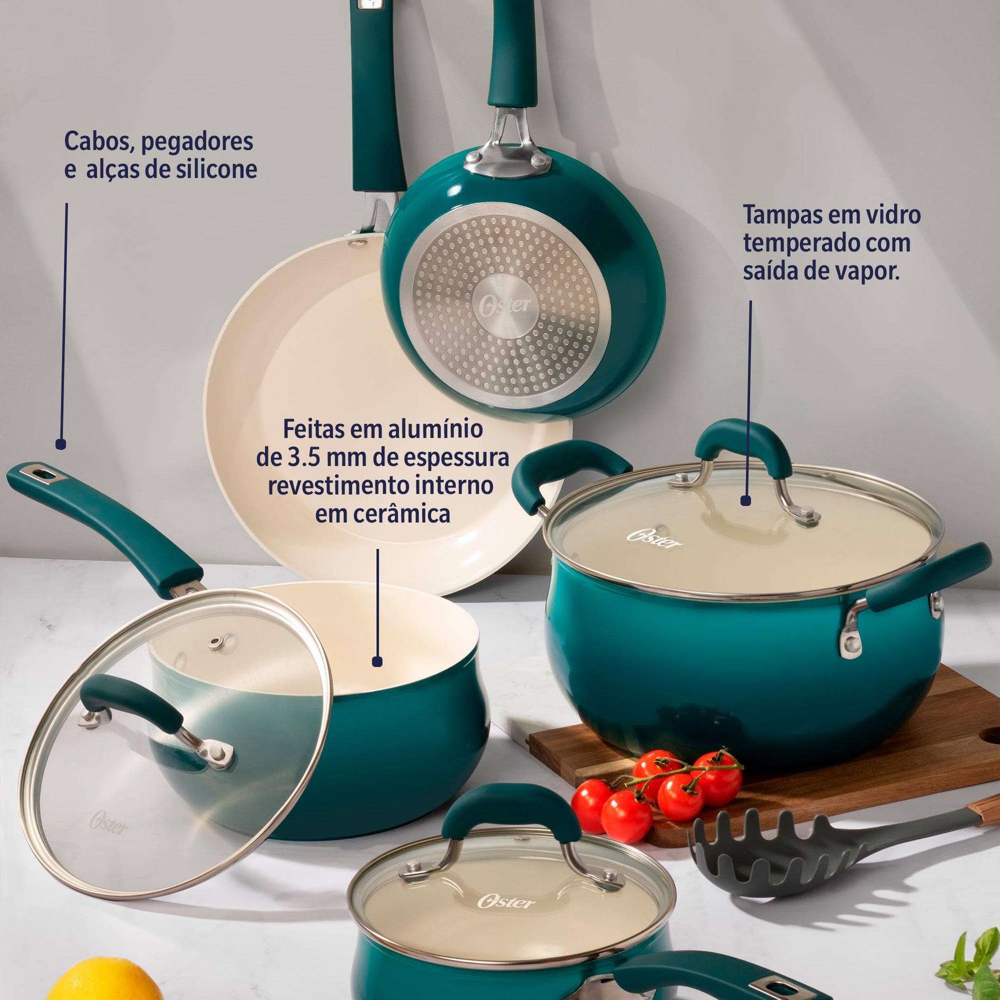 Oster Corbett - Juego de 8 piezas de utensilios de cocina de aluminio forjado degradado verde azulado con cerámica antiadherente, base de inducción, mango de baquelita suave al tacto y tapas de vidrio