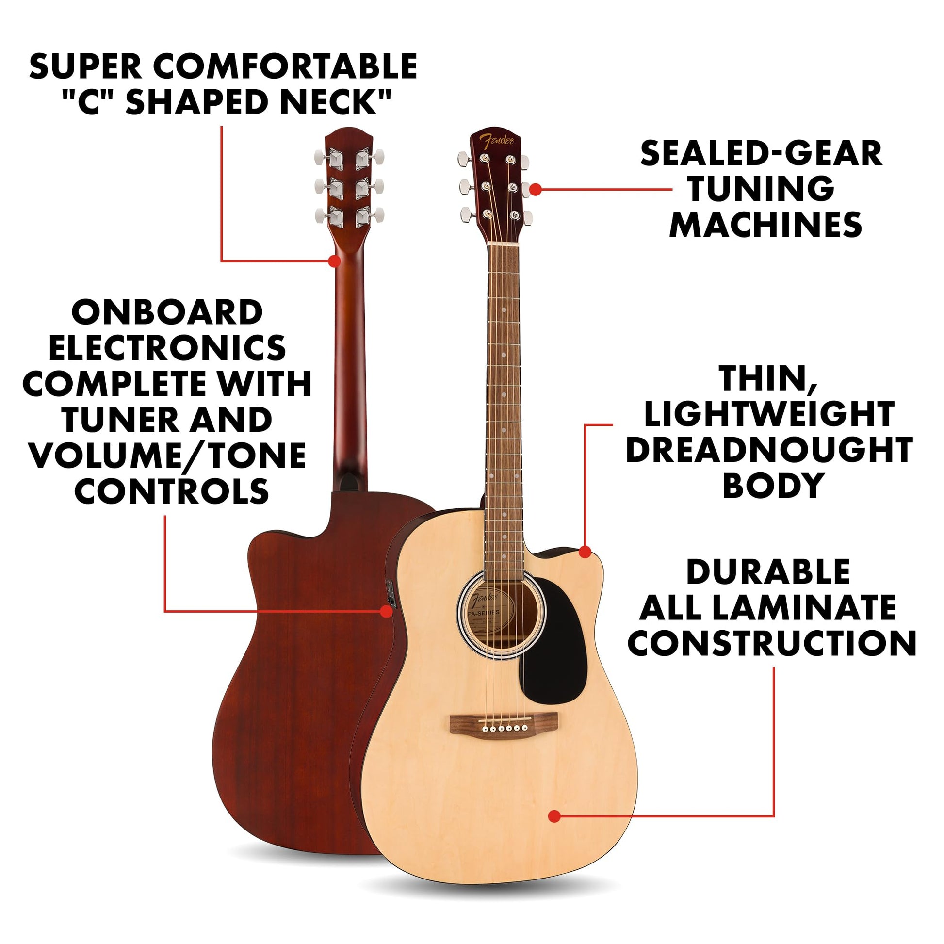 Fender FA-25CE Dreadnought Acoustic Electric Guitar, Beginner Guitar, with 2-Year Warranty, Includes On-Board Volume and Tone Controls, Comes with Free Lessons, Natural