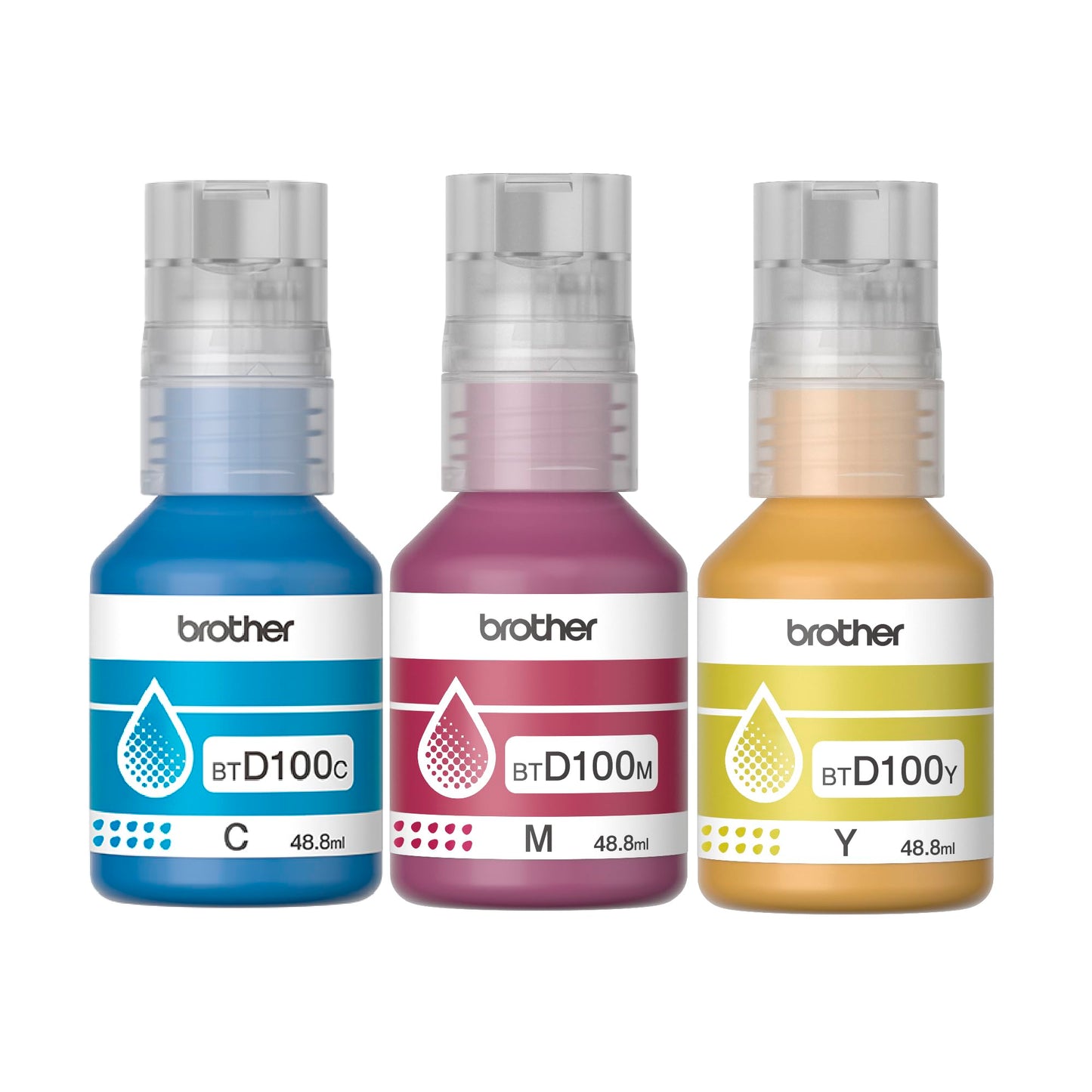 Brother Botellas de tintas Color Cian, Magenta y Amarillo BTD100CL3PK