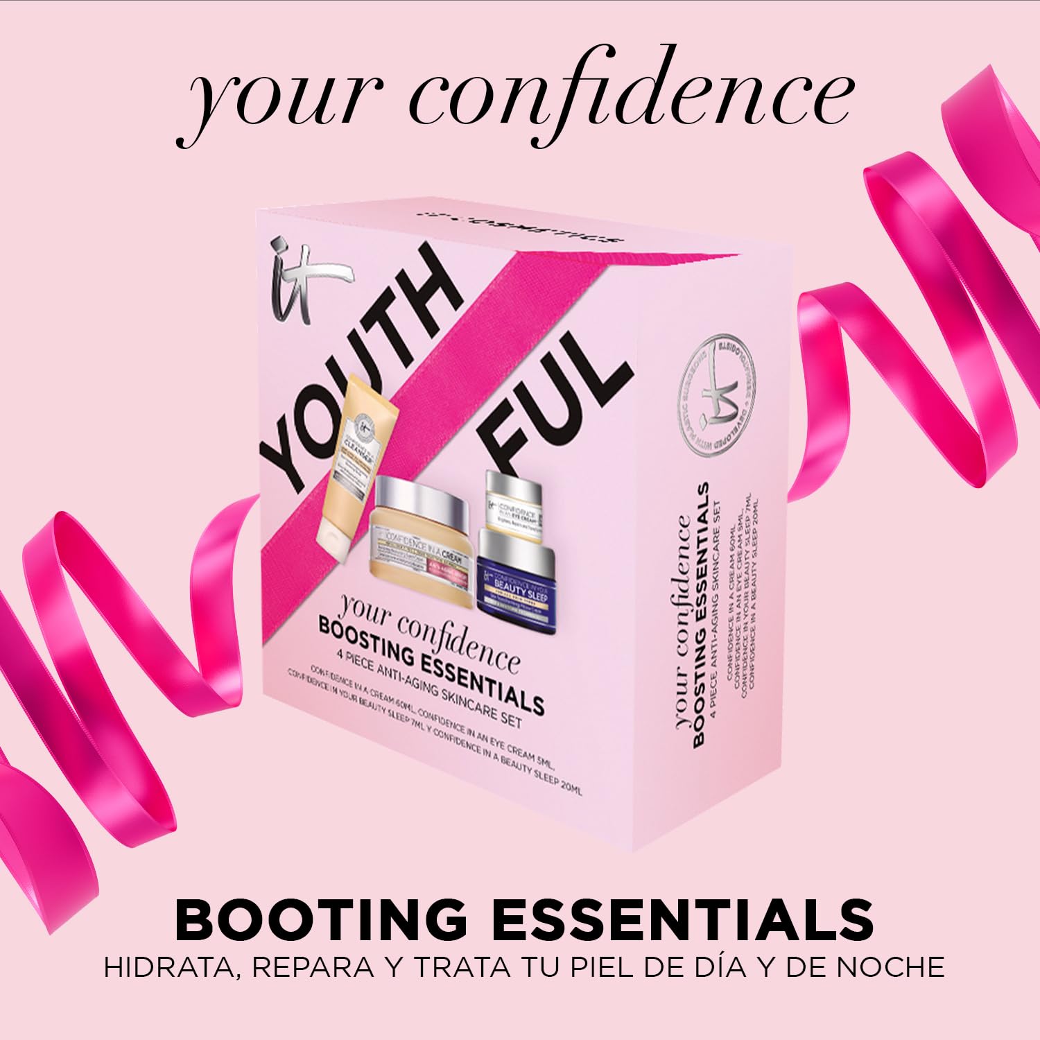 IT Cosmetics, Confidence In A Cream, Set de Rutina de Hidratación Youthful Kit, Confidence In A Cleanser 7 ml + Confidence In A Cream 60 ml + Confidence In An Eye Cream 5 ml + Confidence In Your Beauty Sleep 20 ml, 4 Piezas