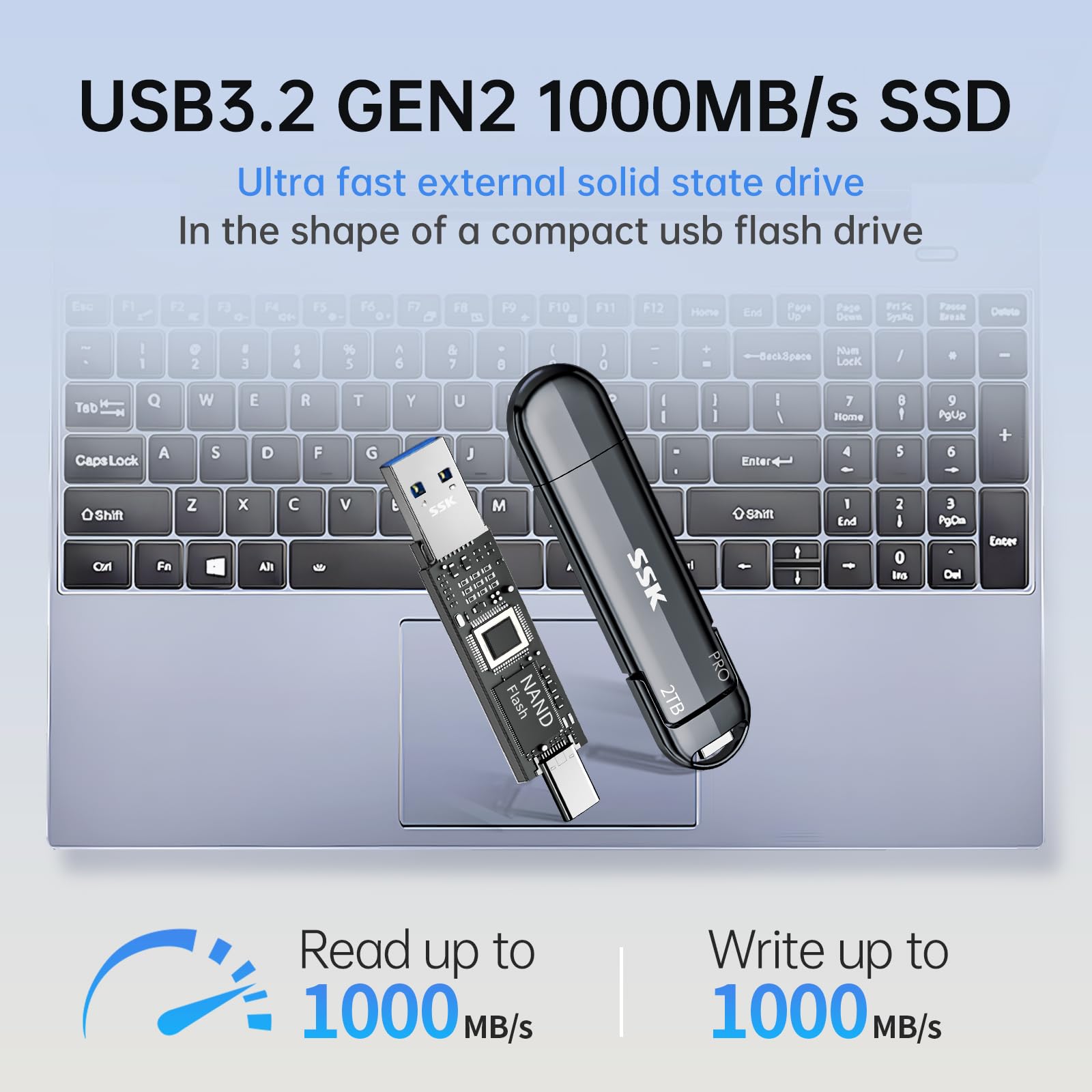 Disco Duro Externo SSD SSK Negro 2 TB USB 3.2 Gen 2 Tipo C y USB A