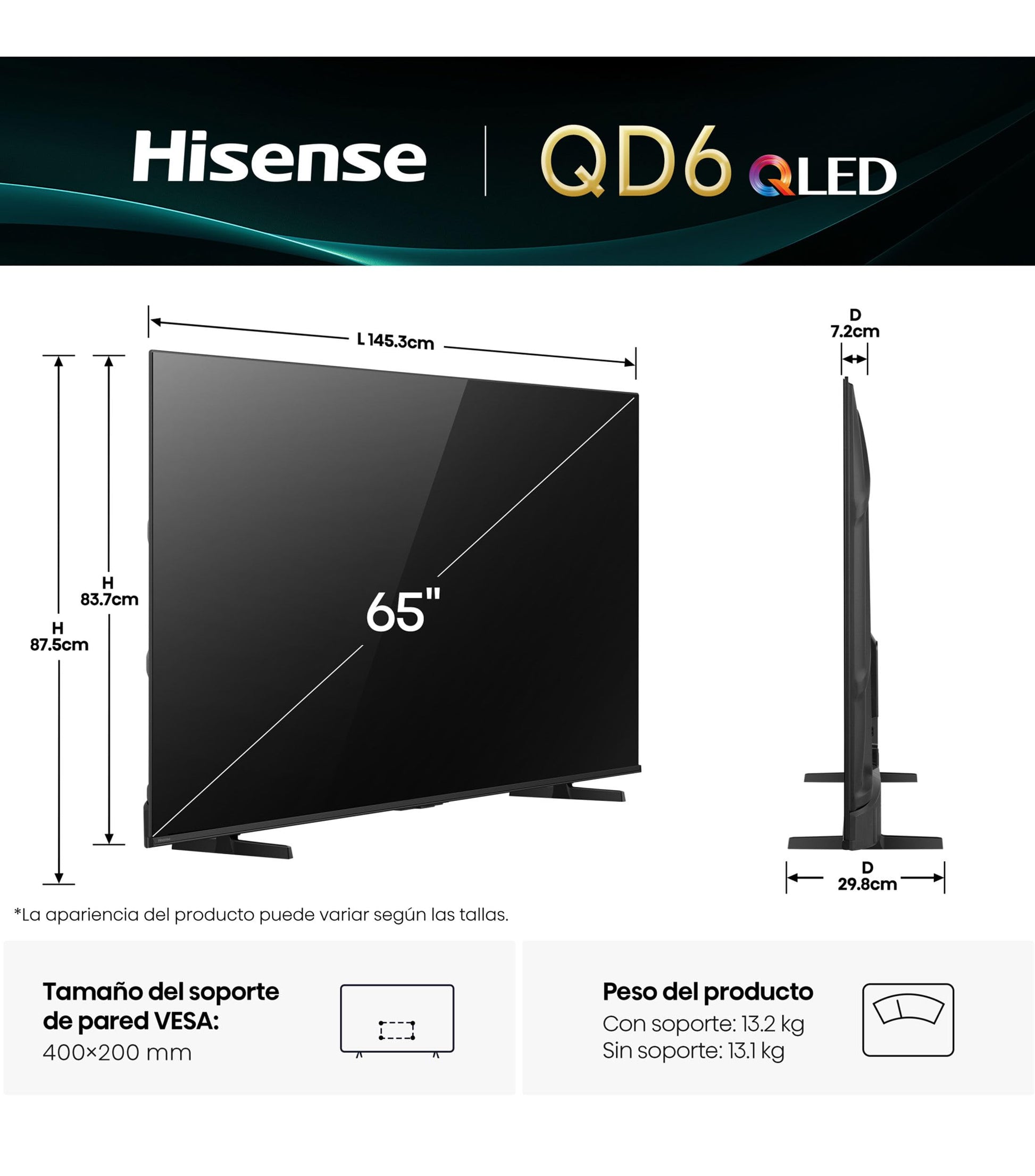 Hisense Pantalla QLED 4K Vidaa U Compatible con Alexa,Dolby Vision Atmos, Escalado IA a UHD, HDMI, LAN, WiFi. Control de Voz. Bluetooth. (2025) Free HDMI Cable UHD. (65")