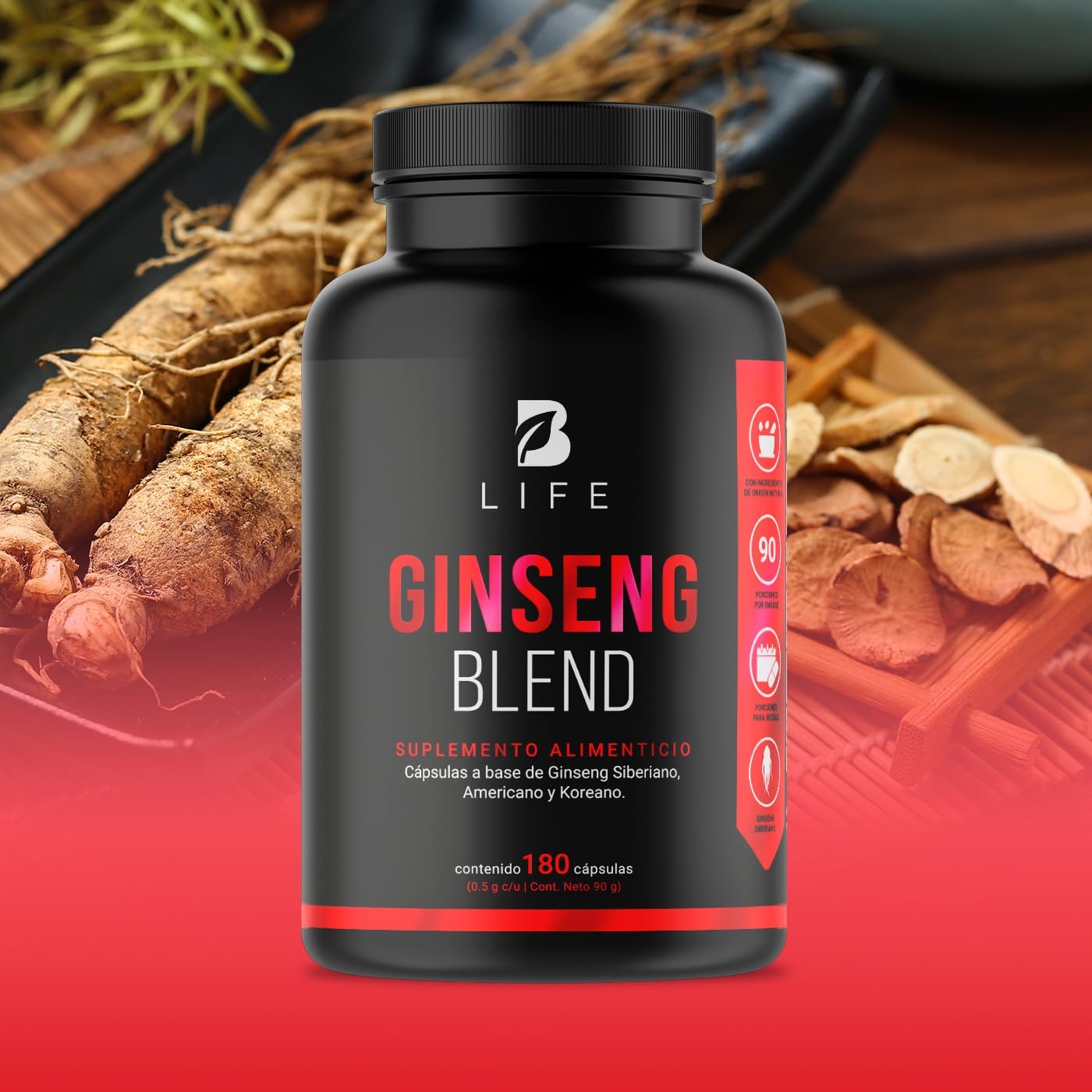 Ginseng: Siberiano, Americano y Koreano de 180 Cápsulas de 1000 mg por porción. Ingredientes naturales. Ginseng Blend B Life.