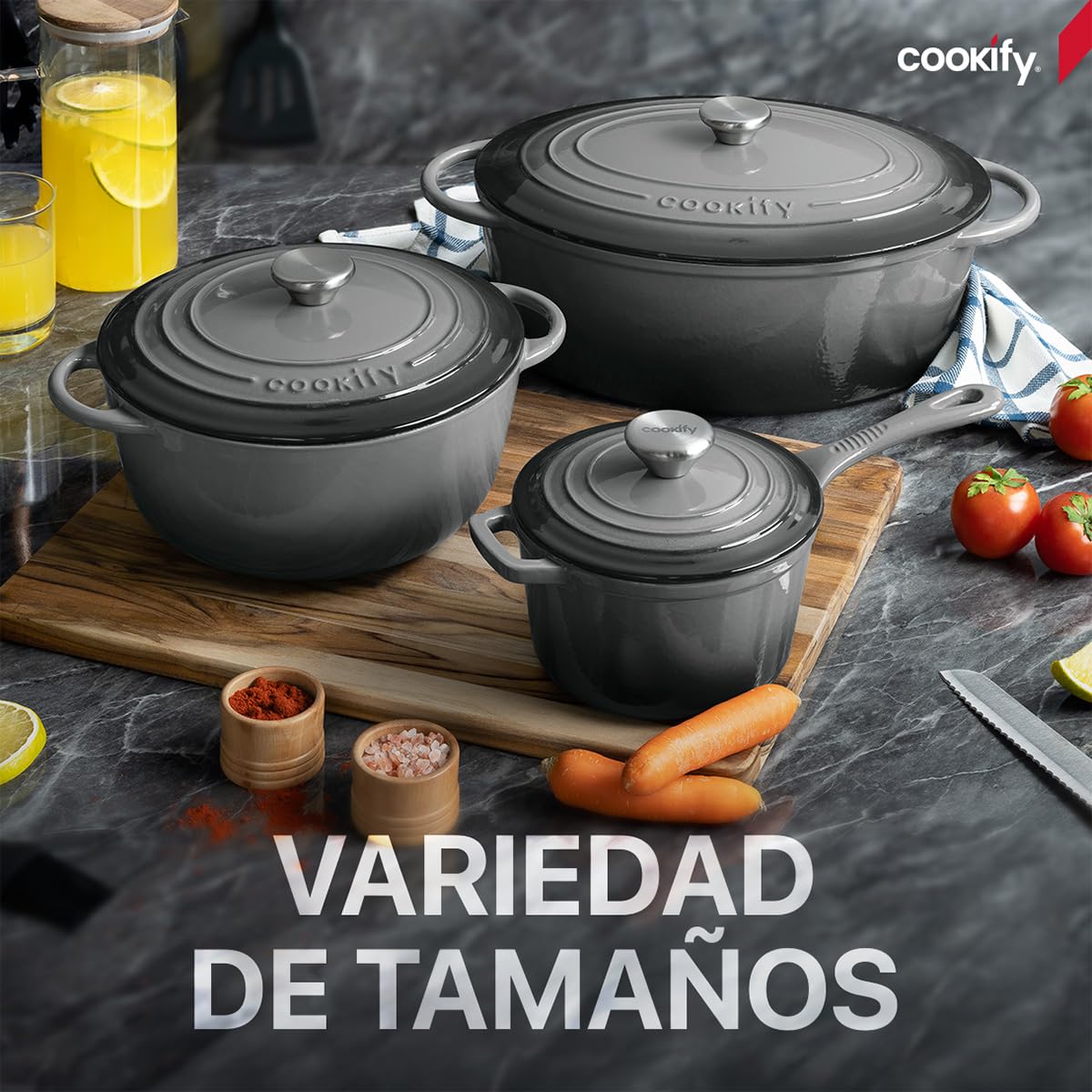Cookify Olla de Hierro Fundido Esmaltado para Horno y Estufa, Capacidad 1.5 Litros (Gris, 17 cm)