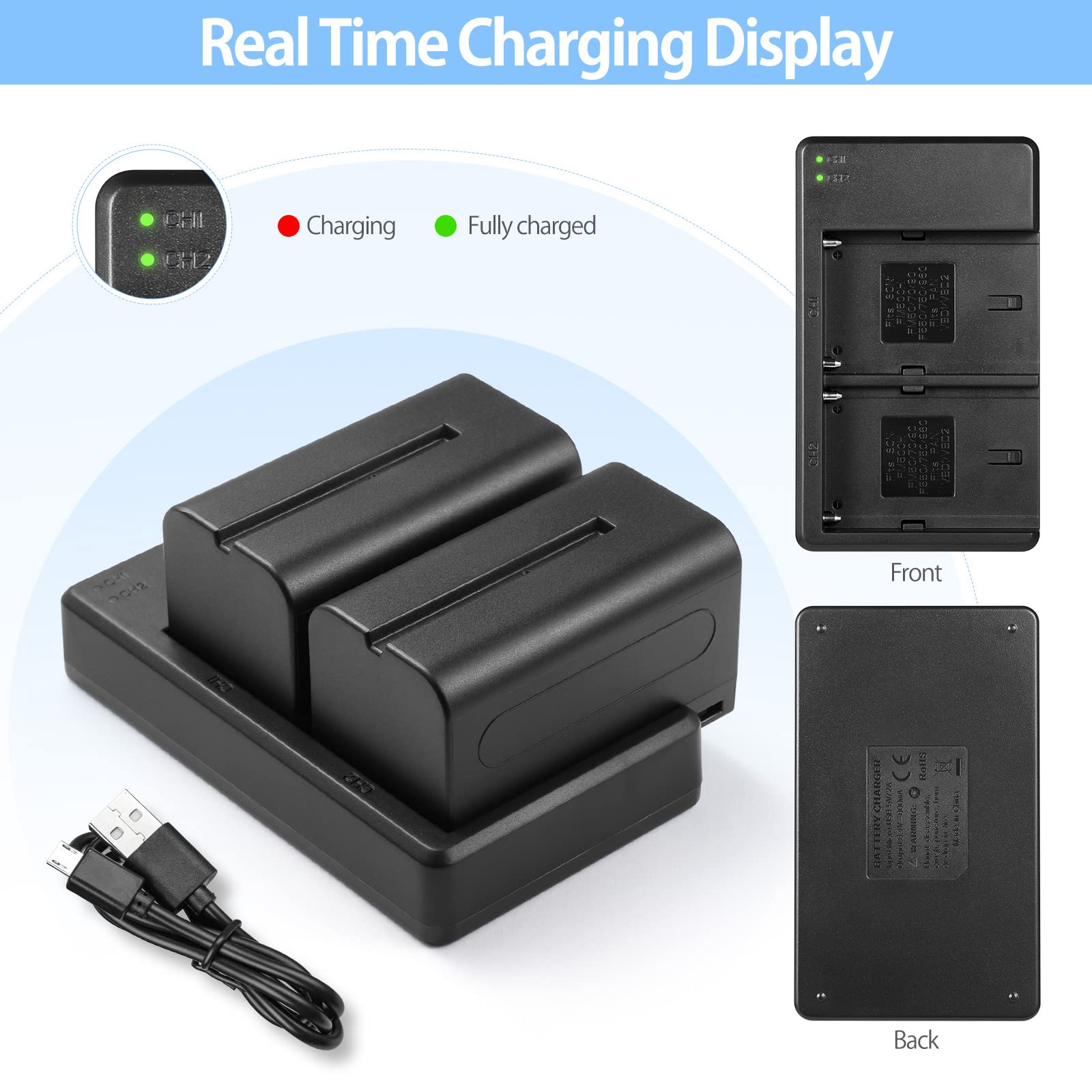 Batería de Repuesto ENEGON NP-F750 5600mAh y Cargador USB Smart LED para Sony y Led Light