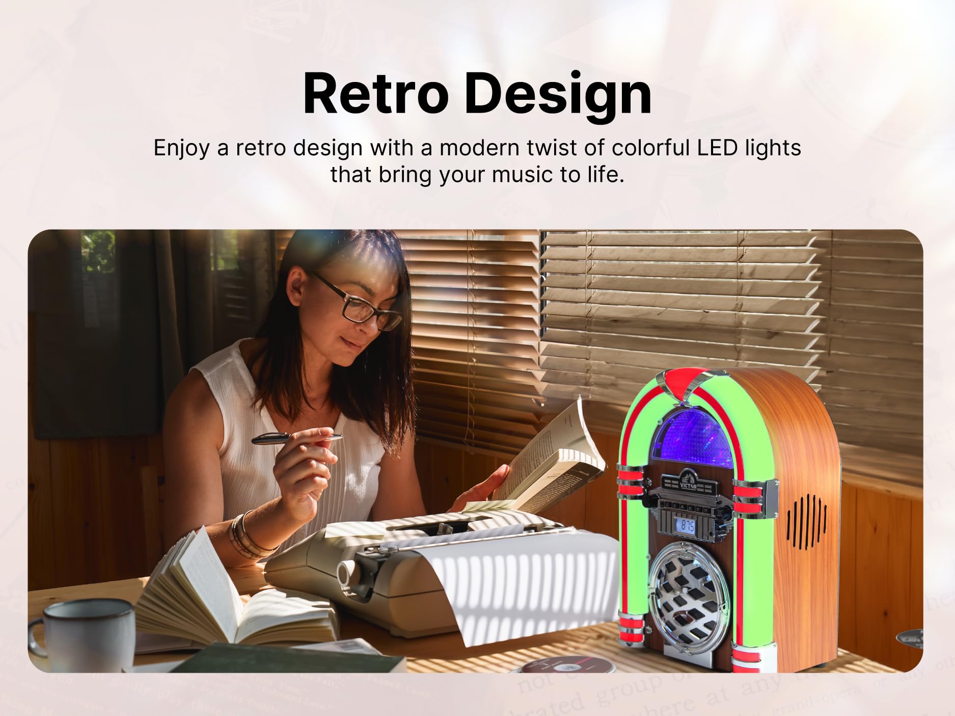 VICTOR VDTJ-1550 Broadway - Altavoz Bluetooth para computadora con Radio FM, iluminación LED Multicolor y Entrada Auxiliar, Perfecto para transmisión de música de Estilo Retro e iluminación Ambiental