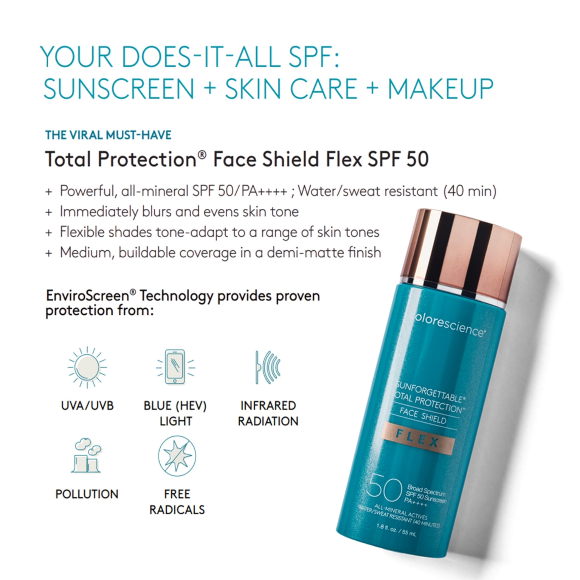 Colorescience. Sunforgettable Total Protection Face Shield Flex SPF 50 /PA++++, UVA /UVB, Protector solar mineral facial con color y cobertura - tono Fair, antioxidantes, resistente al agua, sin quimicos ni aceites, textura media, 55ml.