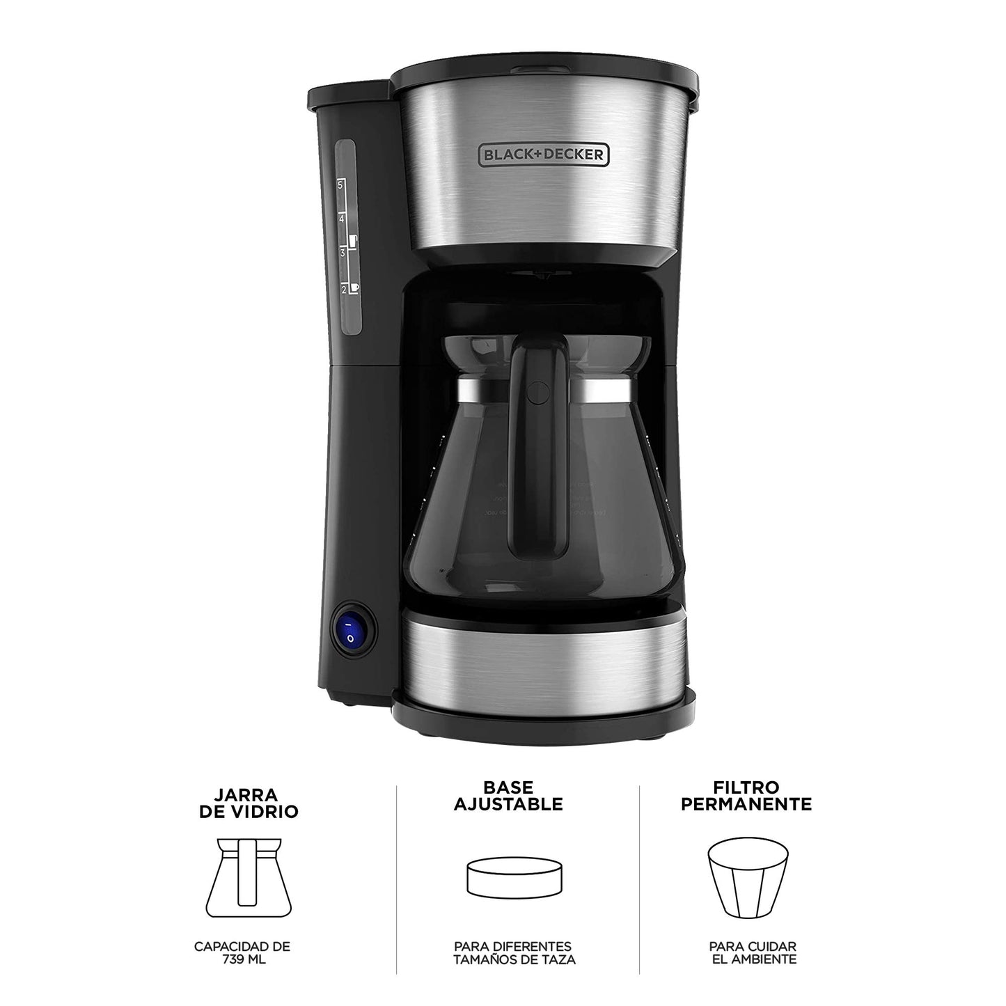 BLACK+DECKER Cafetera 4 en 1, con Vaso Personal y Filtro Permanente con Jarra de Vidrio, 5 Tazas, CM0755S-MX