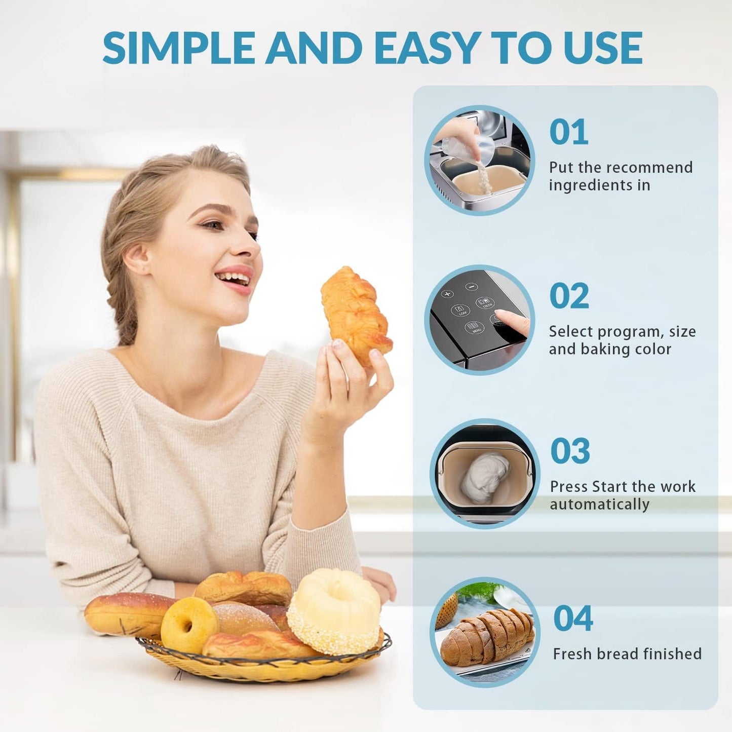 Máquina de pan de acero inoxidable 17 en 1, máquina de pan de 2 libras sin BPA antiadherente de 5 capas superior de cerámica fundida a presión, dispensador automático de frutos secos, 2 paletas y