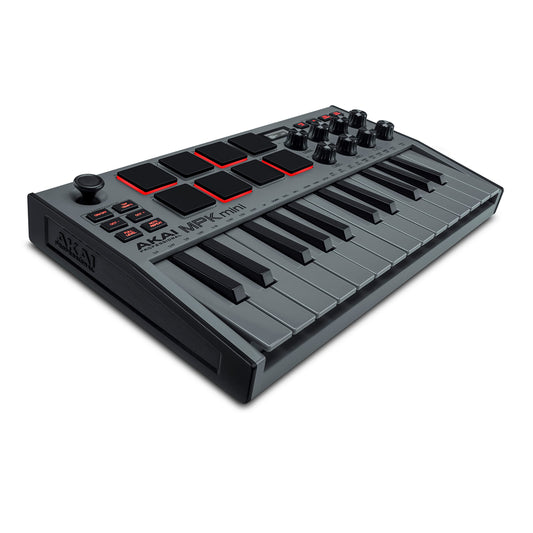 Akai Professional MPK Mini MK3 - Teclado Controlador MIDI USB de 25 Teclas con 8 Drum Pads, 8 Perillas, Software de Producción Musical y Native Instruments Sound Package (NKS Integration), Gris