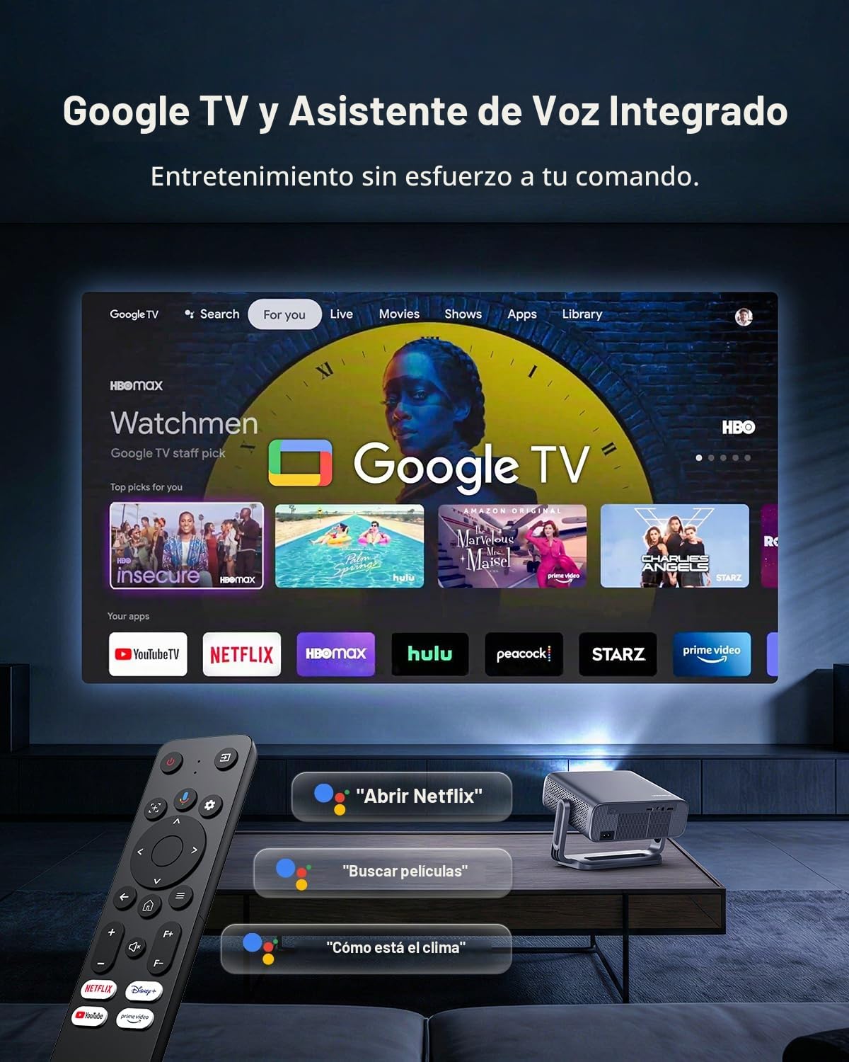 Proyector Inteligente 4K WiFi Bluetooth 3000ANSI con Aplicaciones Incorporadas y Tapa de Lente Automática para Películas en Exteriores
