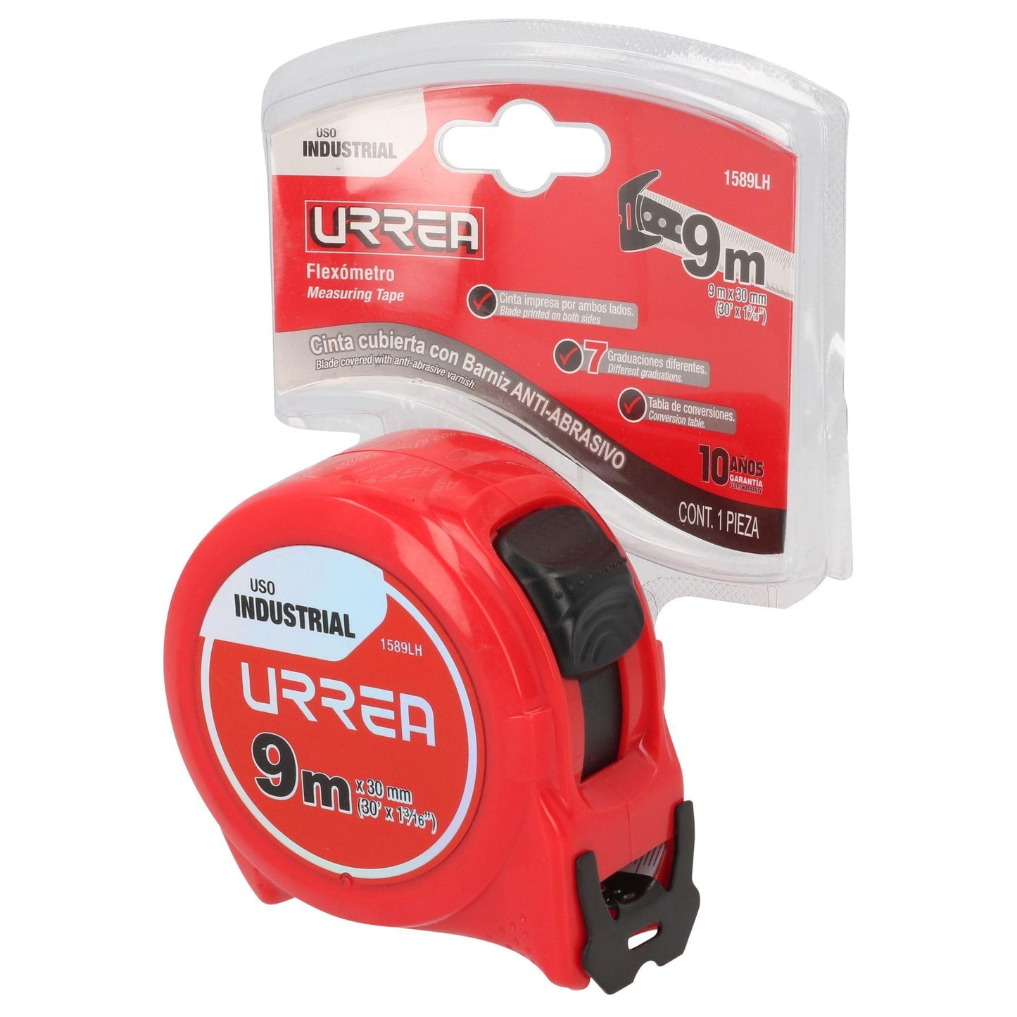 Flexómetro Industrial Urrea 1589LH con Hoja de Acero y Carátula de ABS TPR 9 M × 30 Mm 3 Remaches