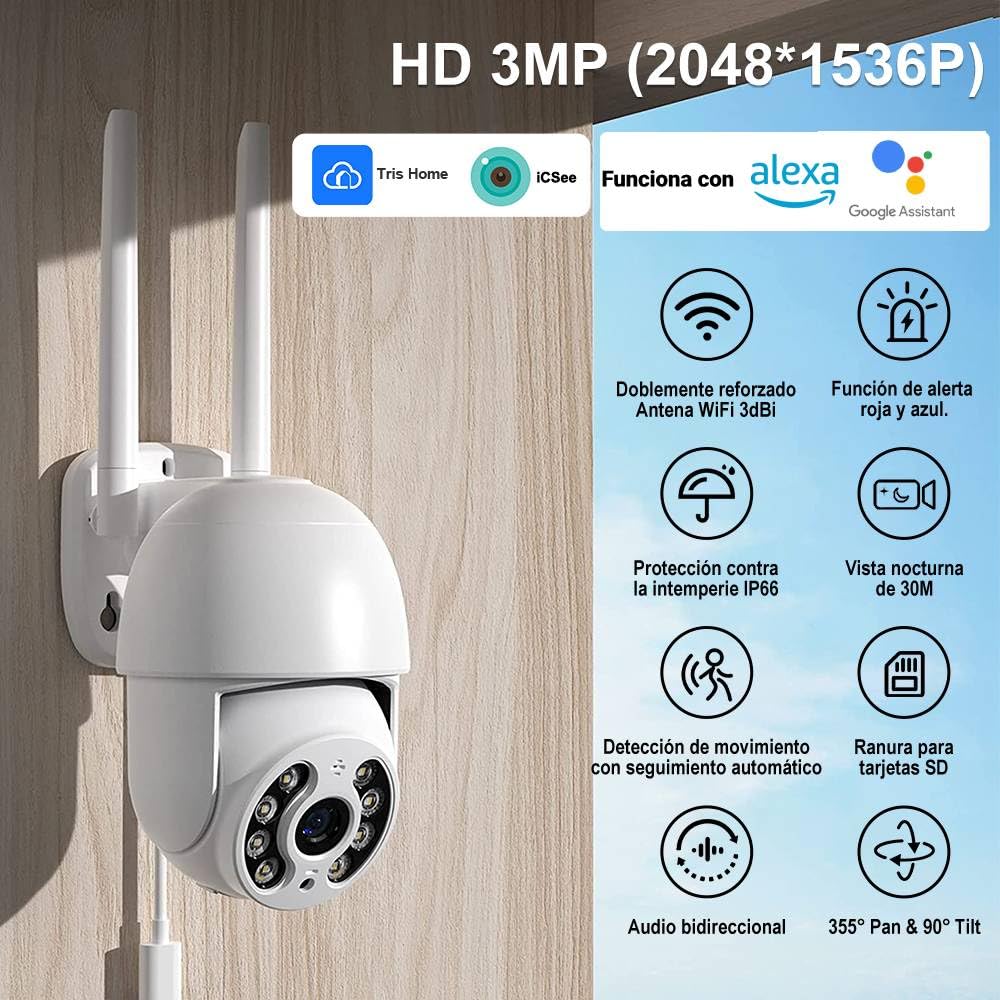 Cámara de Seguridad EASYTAO WiFi 2K 3MP con Alerta y Pan&Tilt 360 Grados Exterior Visión Nocturna Audio Bidireccional Detección de Movimiento Compatible Alexa