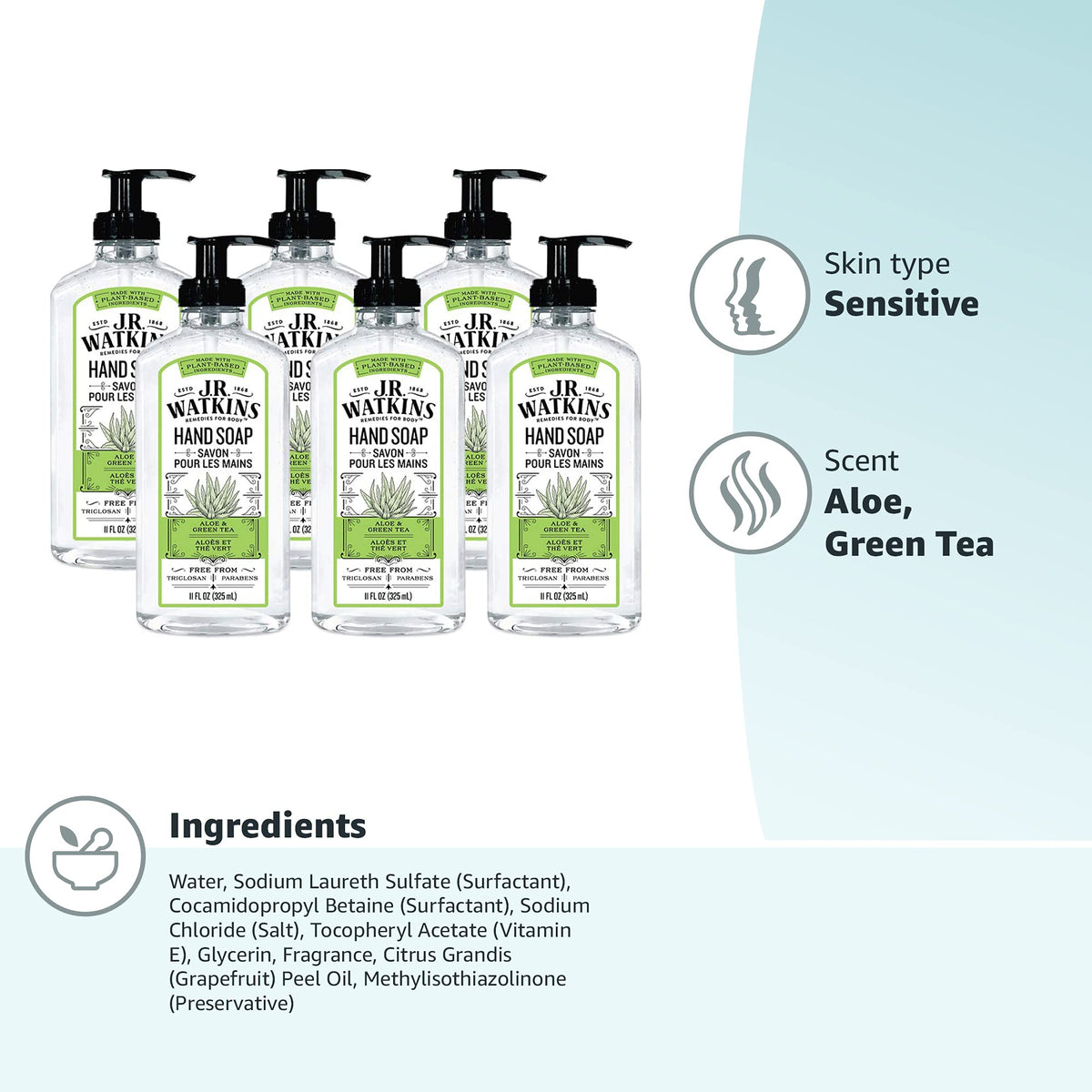 J.R. Watkins Natural Liquid Hand Soap, Aloe & Green Tea, 11 Ounce (Pack of 6)