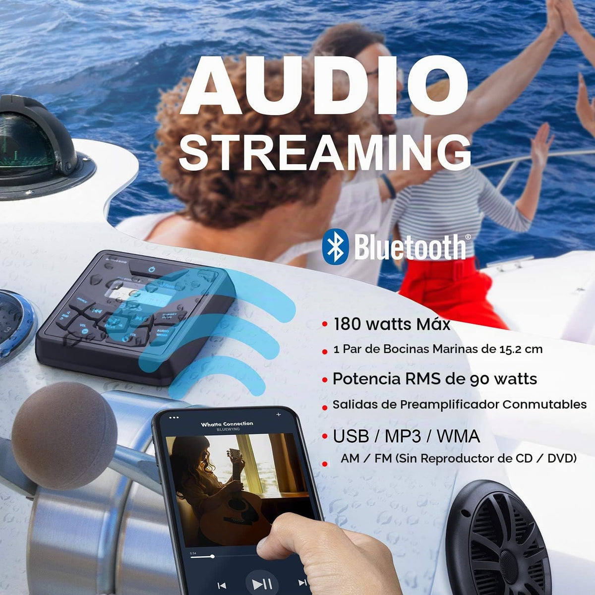 Paquete de Altavoces y Receptor Marino Boss Audio Systems Bluetooth Negro, IPX6 Resistente al Agua, Dos Altavoces de 6.5" y Un Receptor