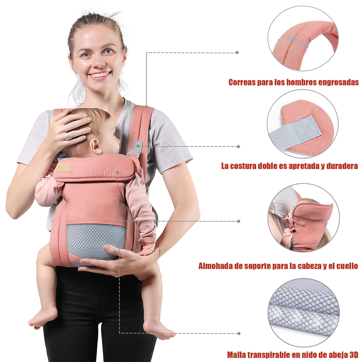 Cangurera para Bebe, Fular Ergonómico para Bebés de 0 a 36 Meses(Hasta 20 kg), Mochila Portabebés, Proteger la Cabeza, Portabebés de Algodón Ligero y Transpirable Ajustable (Rosa)