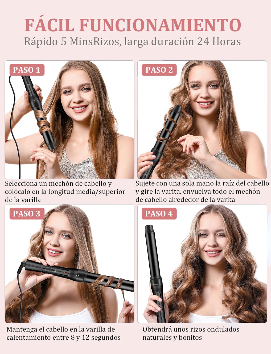 Rizador de Cabello 5 en 1 con Guantes, Cerámica Ajustable - Peines y Clips Incluidos - Calentamiento Instantáneo - Herramientas de Peinado Profesionales - Negro. ¡Cabello liso o rizado en minutos!