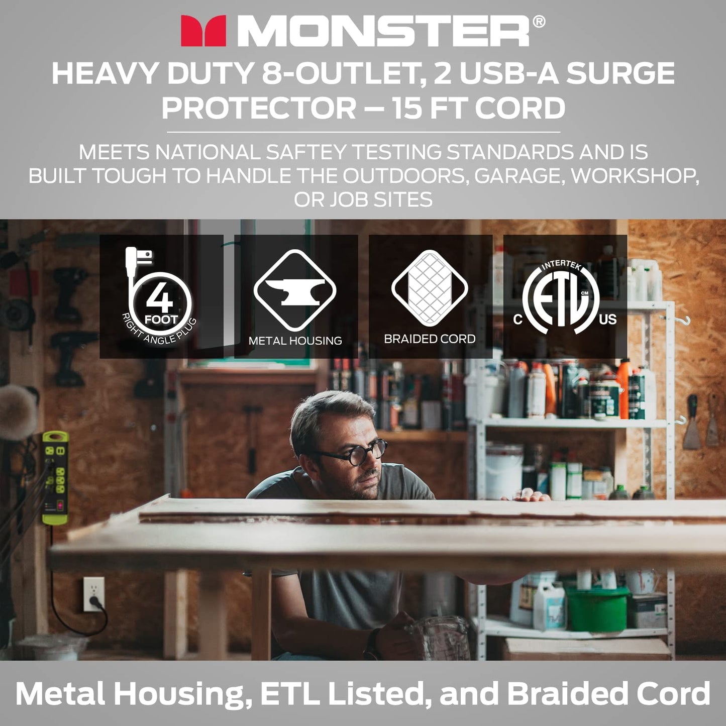 Protector de Sobretensiones Monster Workshop Alta Resistencia Blanco 8 Tomas y 2 USB-A para Cochera